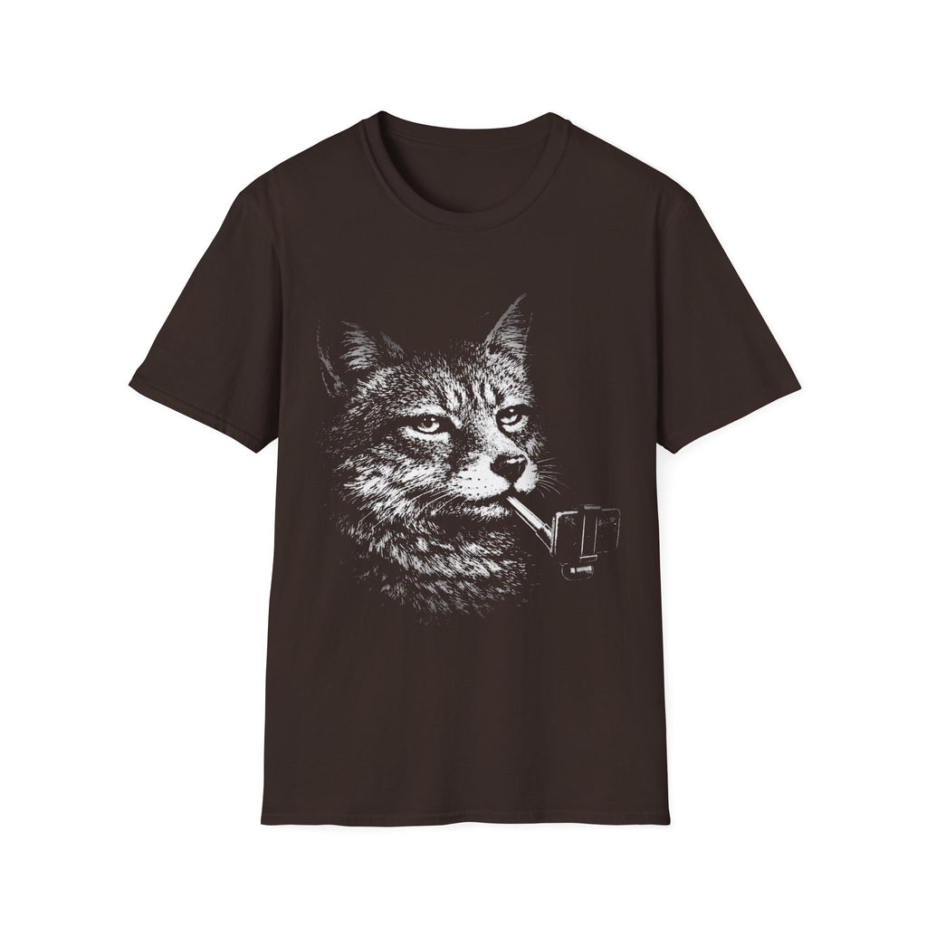 Brown T-shirt featuring a distressed black-and-white wolf graphic holding a selfie stick, designed in a bold surreal animal style.