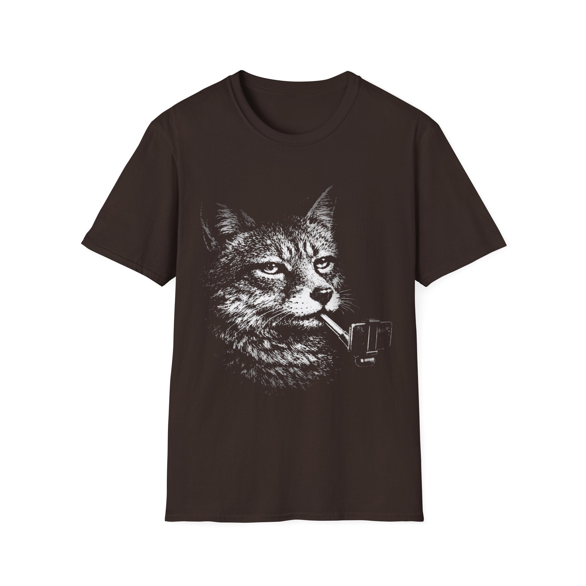 Brown T-shirt featuring a distressed black-and-white wolf graphic holding a selfie stick, designed in a bold surreal animal style.