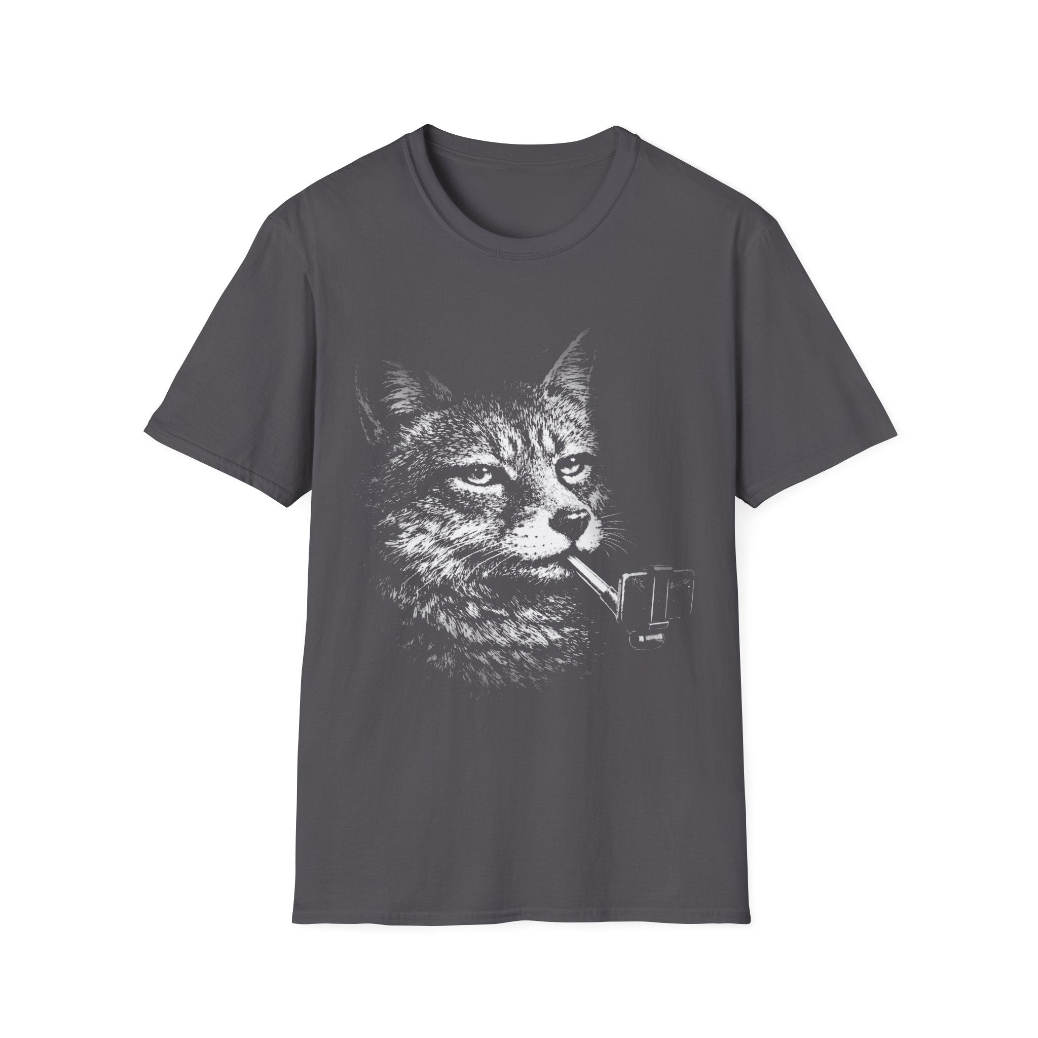 Charcoal Grey T-shirt featuring a distressed black-and-white wolf graphic holding a selfie stick, designed in a bold surreal animal style.