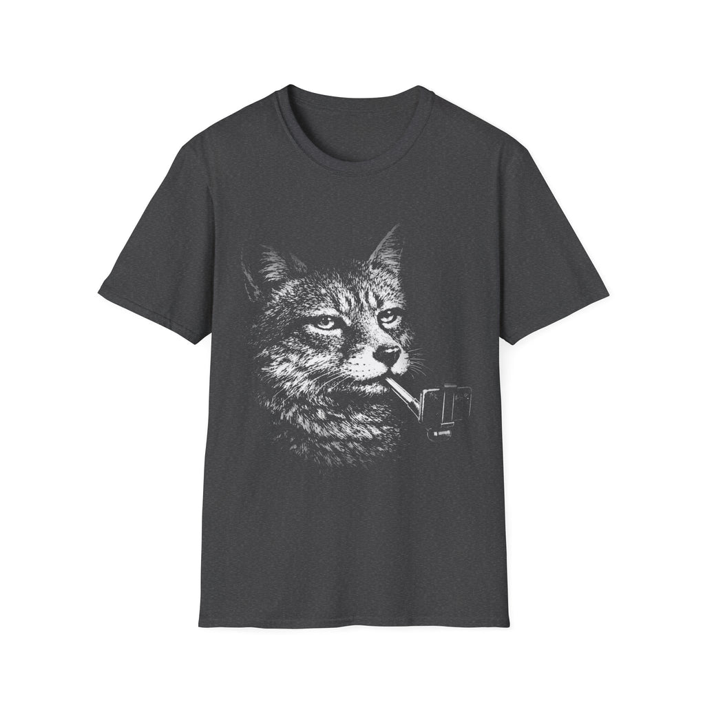 Grey T-shirt featuring a distressed black-and-white wolf graphic holding a selfie stick, designed in a bold surreal animal style.
