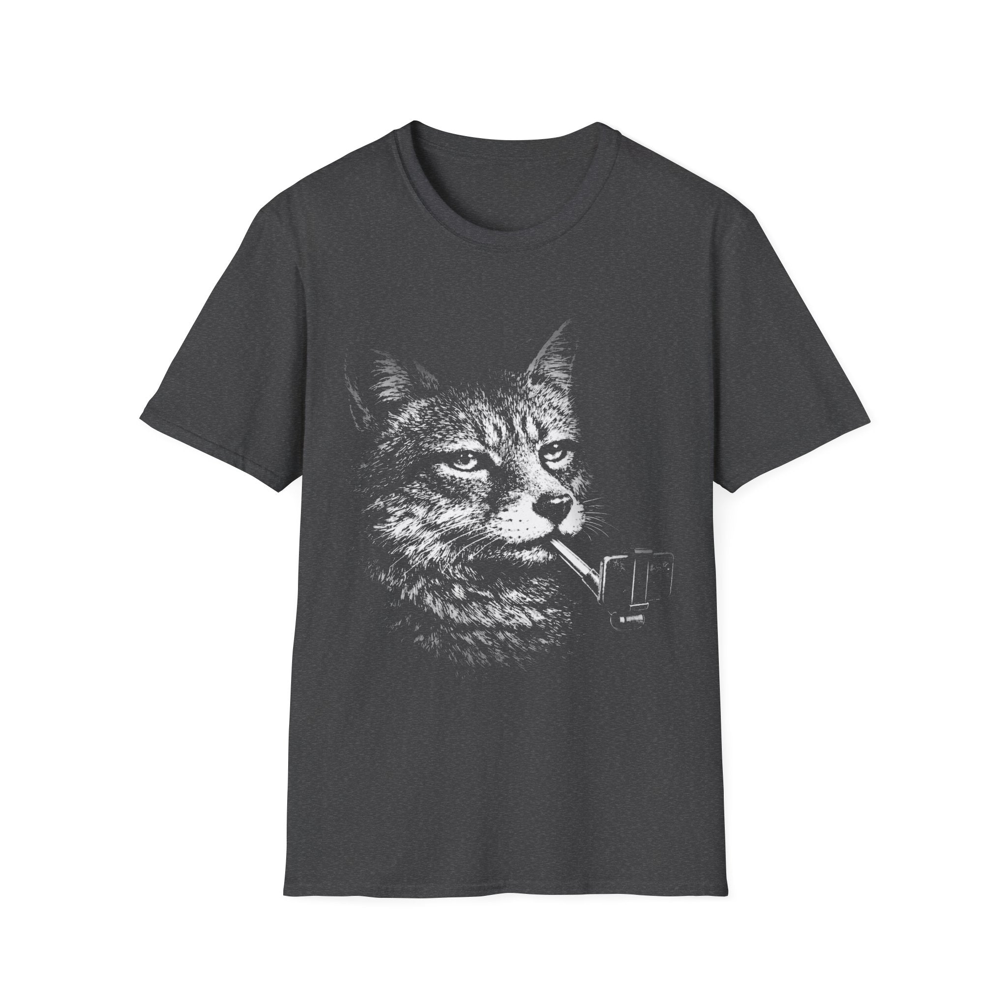 Grey T-shirt featuring a distressed black-and-white wolf graphic holding a selfie stick, designed in a bold surreal animal style.