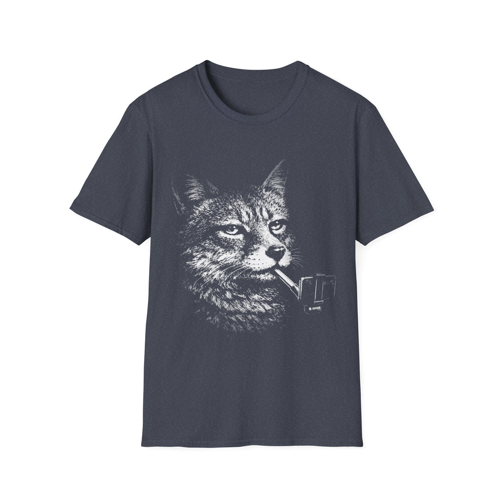 Heather Navy T-shirt featuring a distressed black-and-white wolf graphic holding a selfie stick, designed in a bold surreal animal style.
