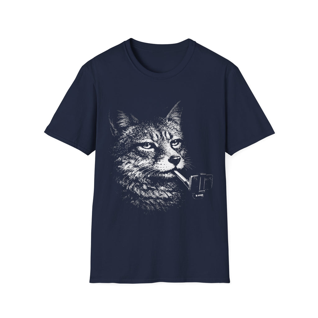 Navy Blue T-shirt featuring a distressed black-and-white wolf graphic holding a selfie stick, designed in a bold surreal animal style.