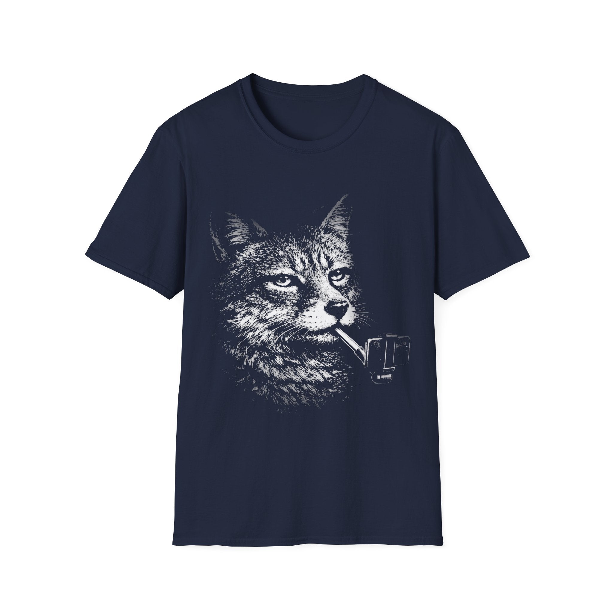 Navy Blue T-shirt featuring a distressed black-and-white wolf graphic holding a selfie stick, designed in a bold surreal animal style.