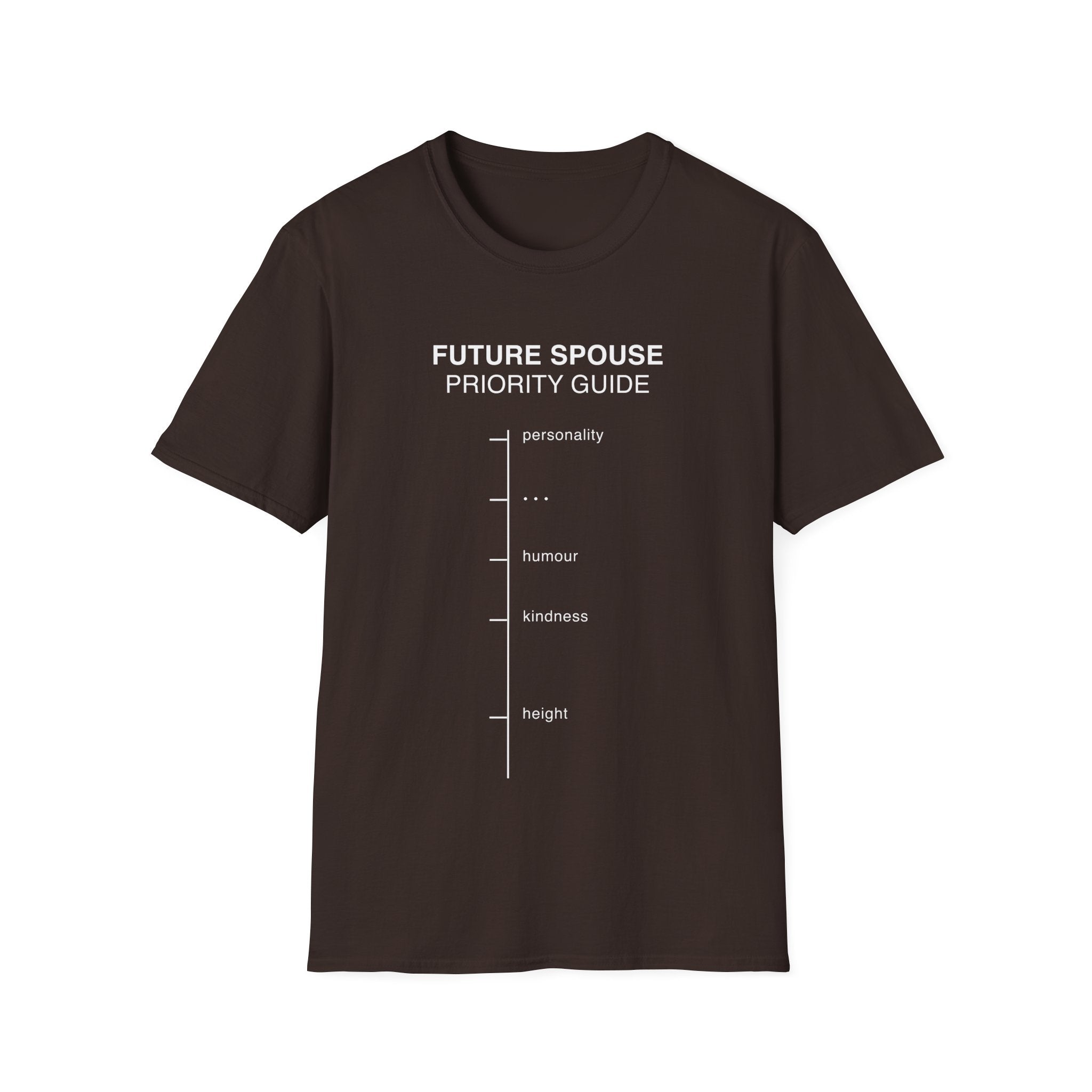 Future Spouse Priority Guide T-shirt with a minimalist dating chart design on brown. A dry humor relationship tee for modern dating, singles, couples, and everyday wear.
