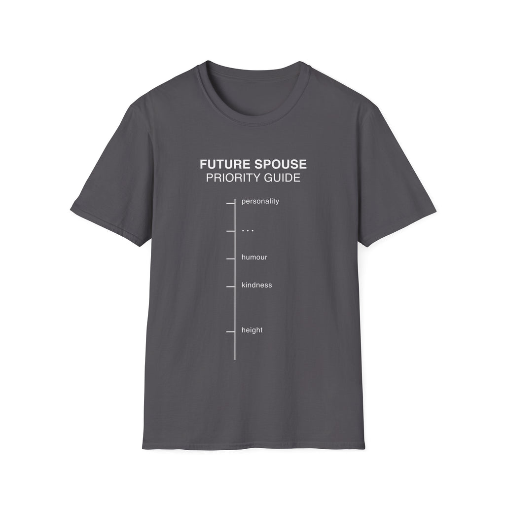 Future Spouse Priority Guide T-shirt with a minimalist dating chart design on charcoal. A dry humor relationship tee for modern dating, singles, couples, and everyday wear.
