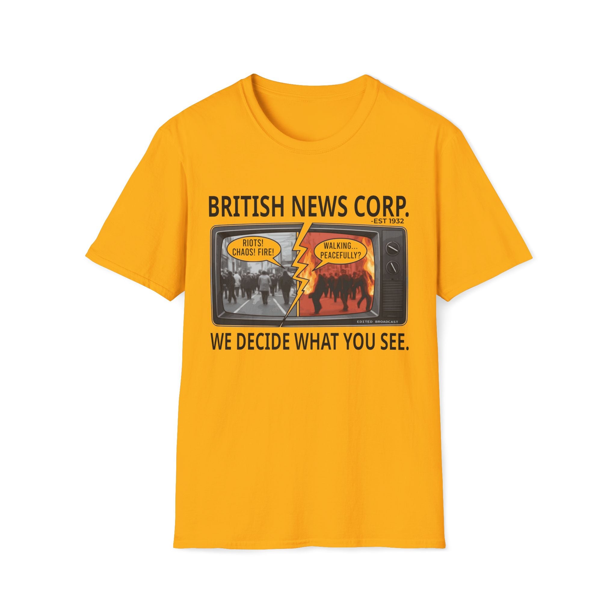 Gold T-shirt featuring British News Corp media bias graphic with split-screen news satire artwork.
