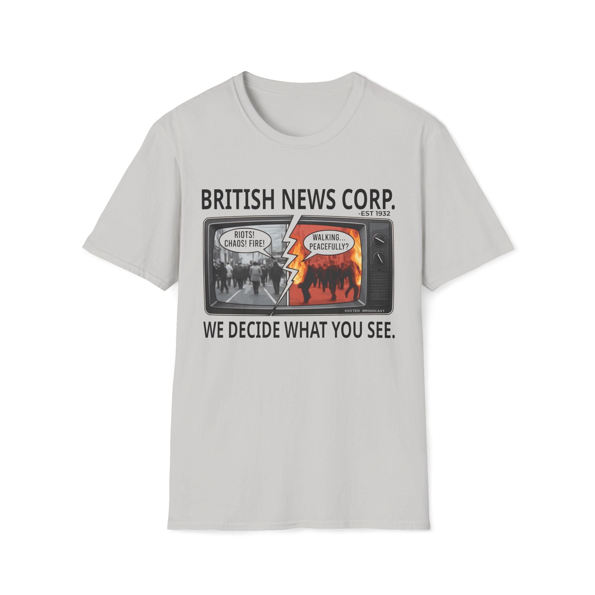 Grey T-shirt featuring British News Corp media bias graphic with split-screen news satire artwork.

