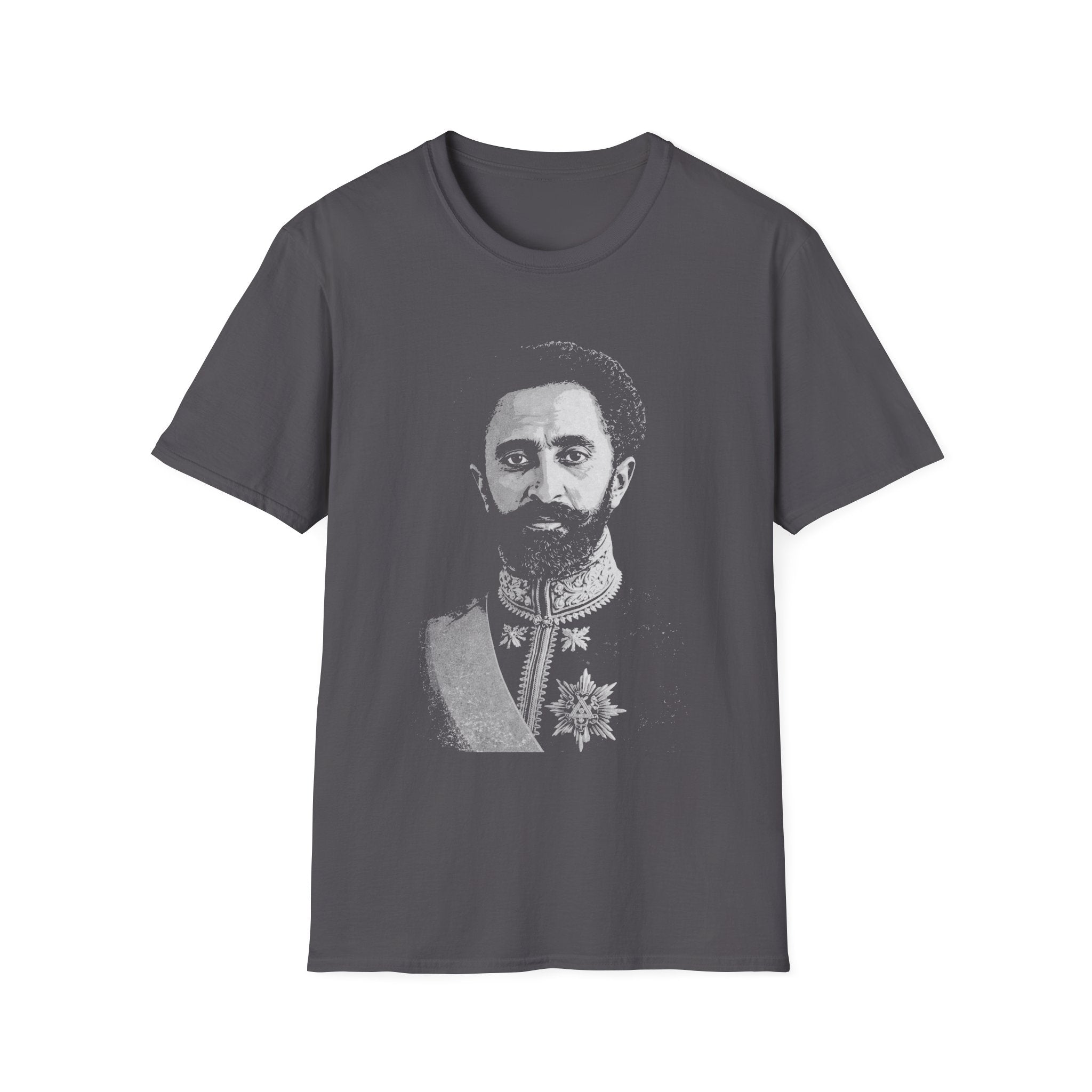 Grey t-shirt with a Haile Selassie printed design on a white background