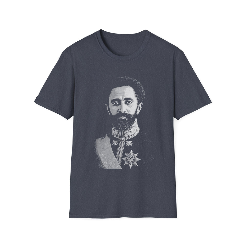 Heather Blue t-shirt with a Haile Selassie printed design on a white background
