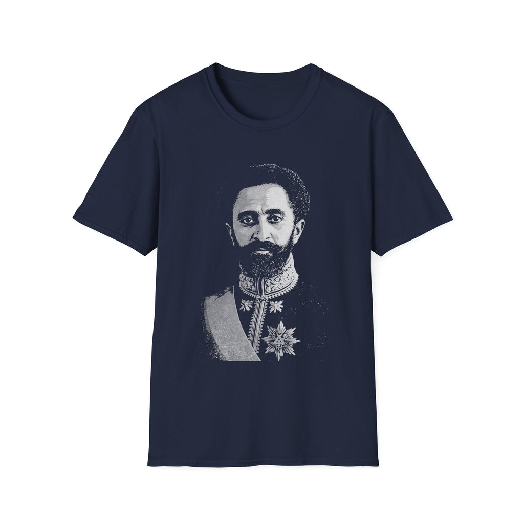 Blue t-shirt with a Haile Selassie printed design on a white background