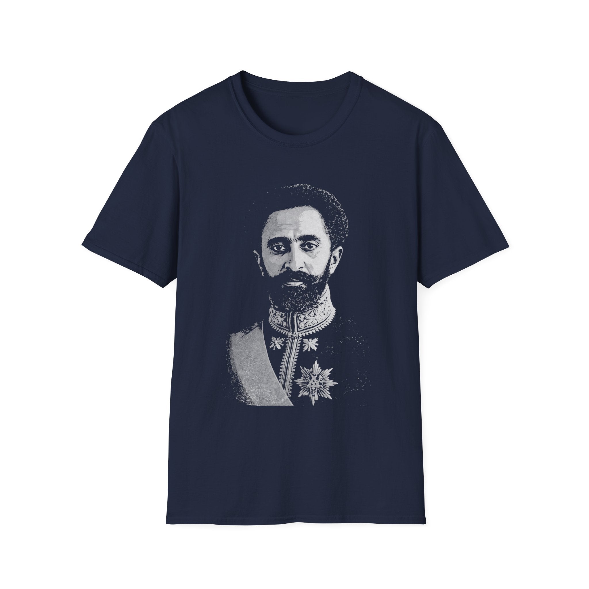 Blue t-shirt with a Haile Selassie printed design on a white background