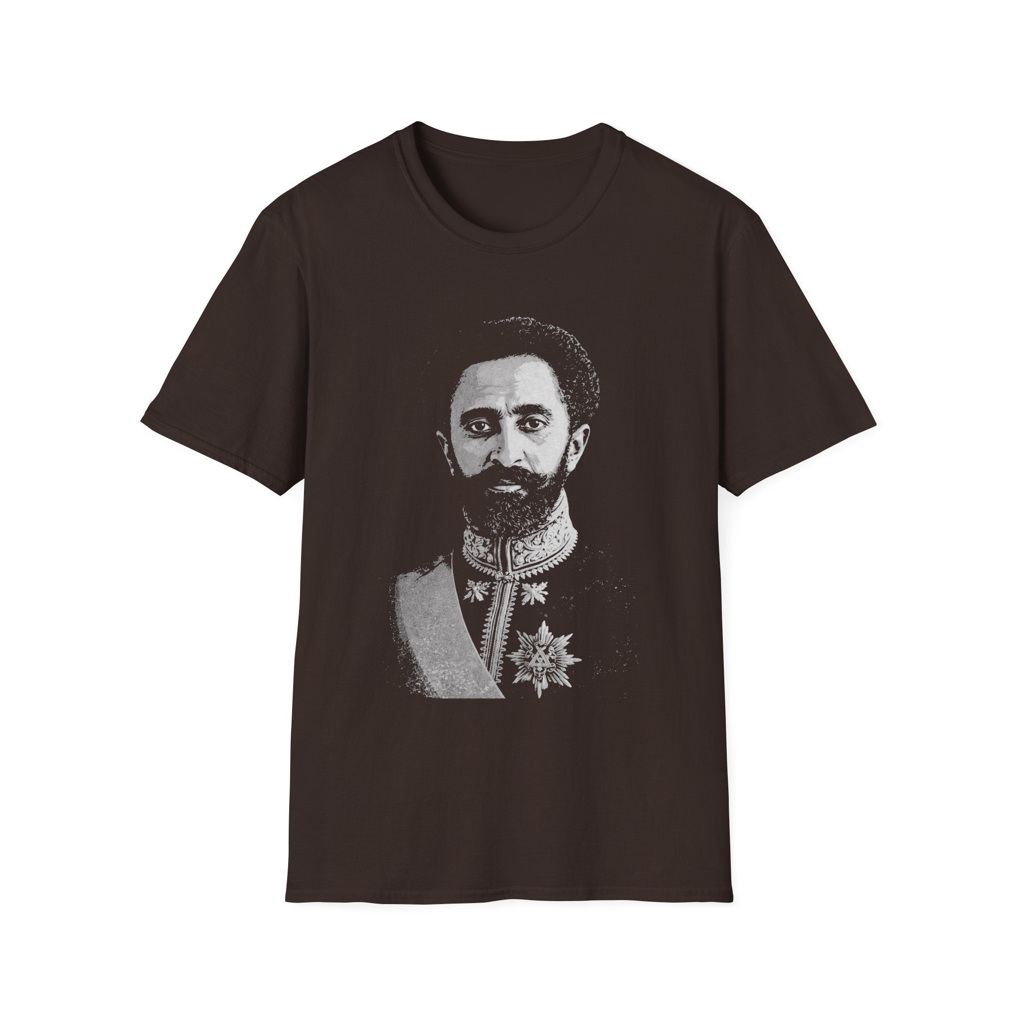 Brown t-shirt with a Haile Selassie printed design on a white background