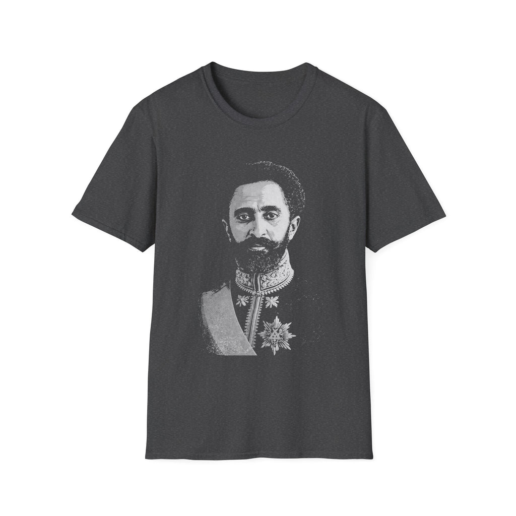 Dark Grey t-shirt with a Haile Selassie printed design on a white background