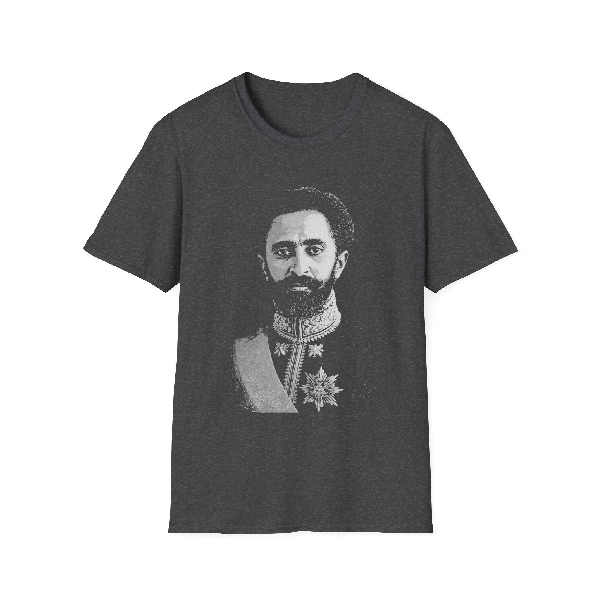 Dark Grey t-shirt with a Haile Selassie printed design on a white background