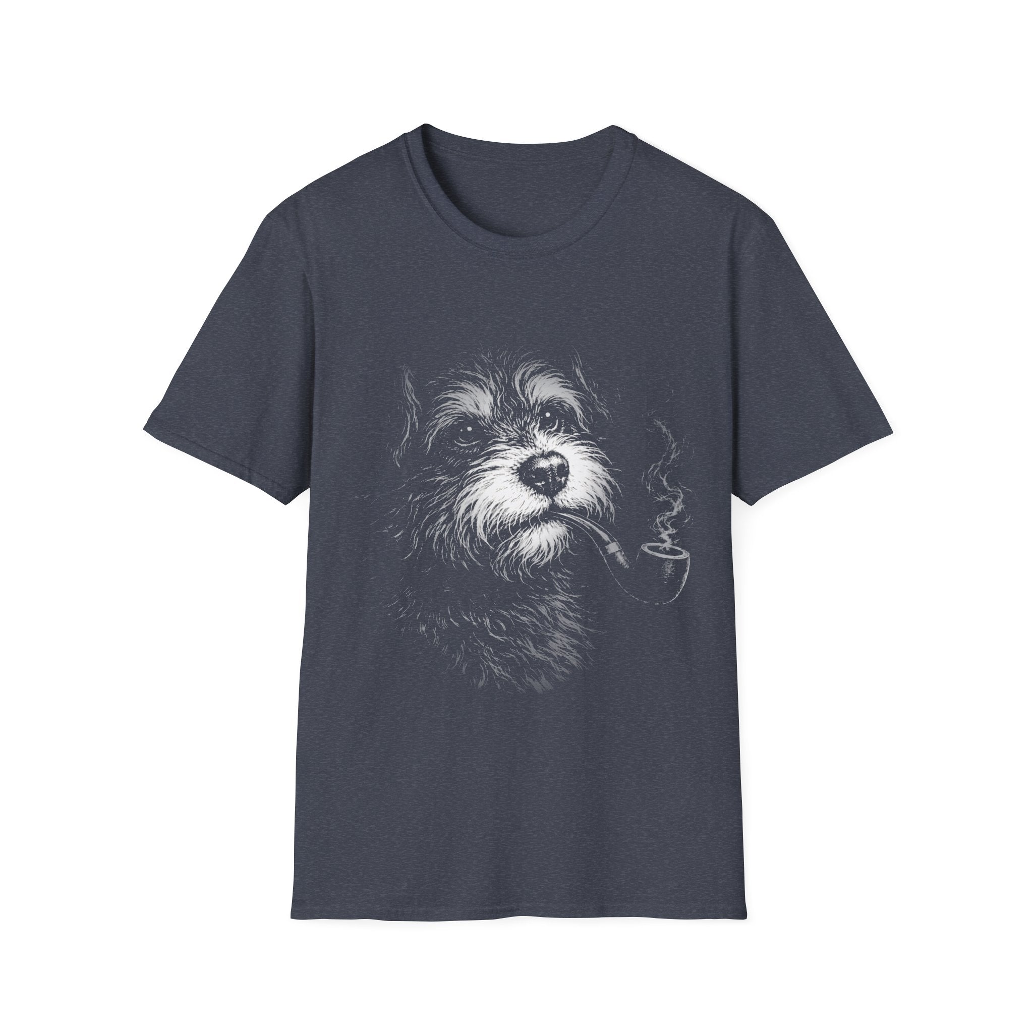 Heather Navy T-shirt featuring a scruffy dog portrait design for dog lovers and pet owners.