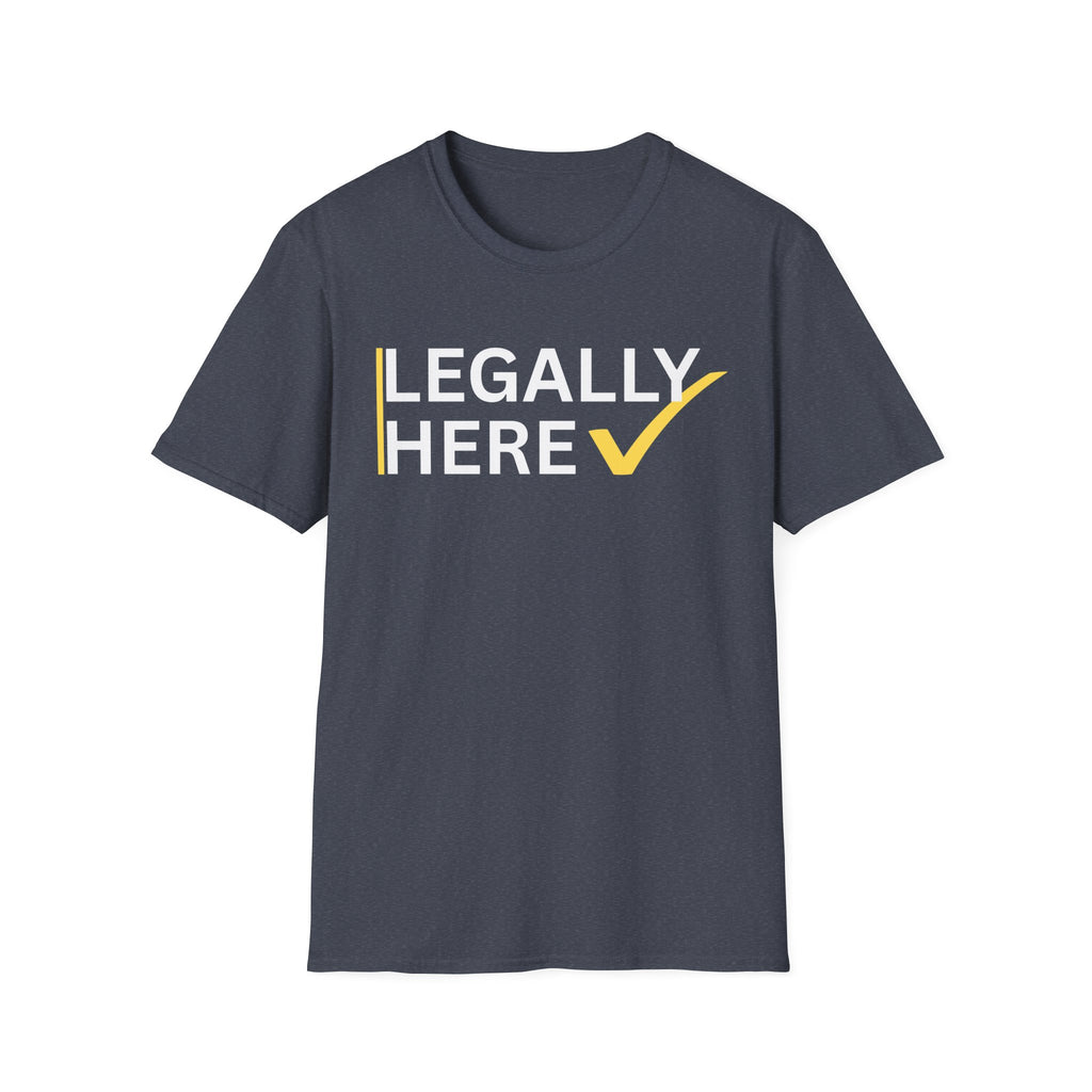 Heather Navy Gildan 64000 T-shirt with Legally Here funny statement text and tick mark graphic.