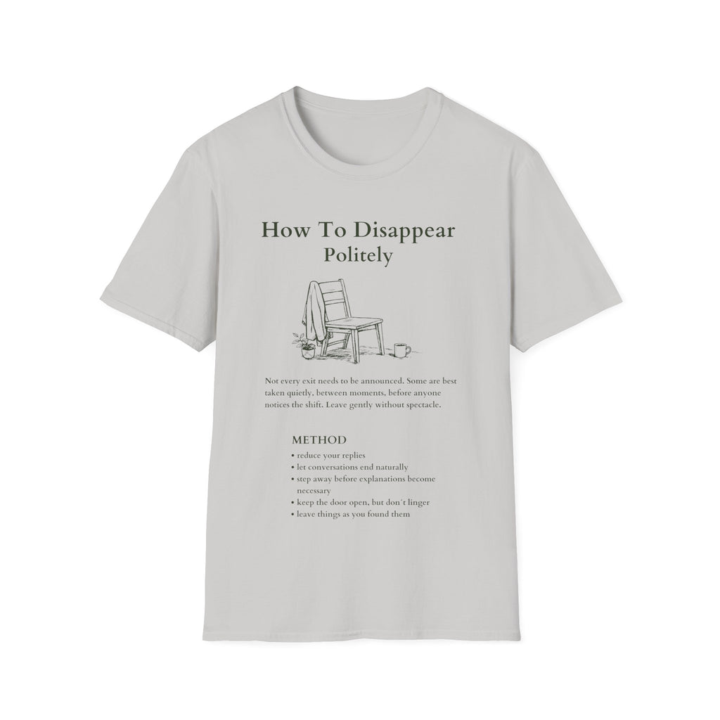 Ice Grey Gildan 64000 T-shirt with How To Disappear Politely introvert graphic, minimalist chair, sweater and mug illustration.