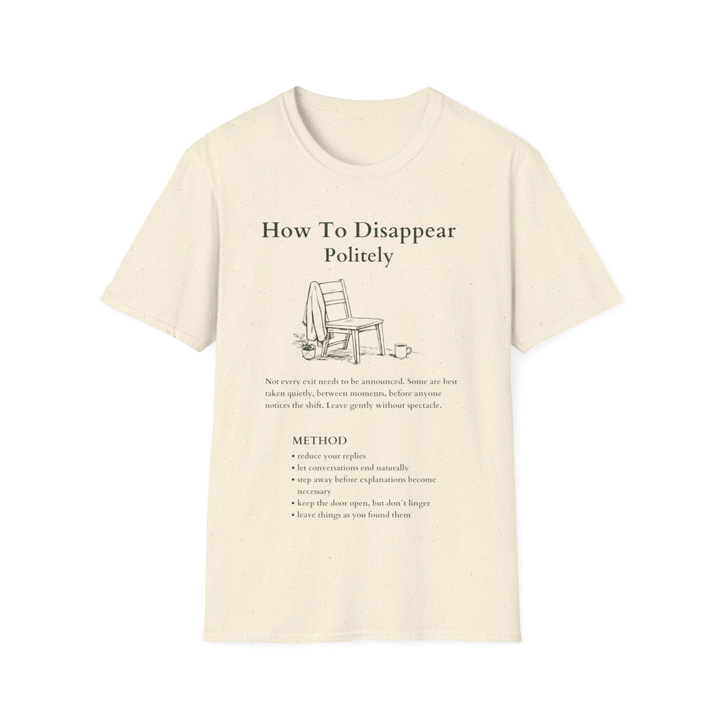 Natural Beige Gildan 64000 T-shirt with How To Disappear Politely introvert graphic, minimalist chair, sweater and mug illustration.