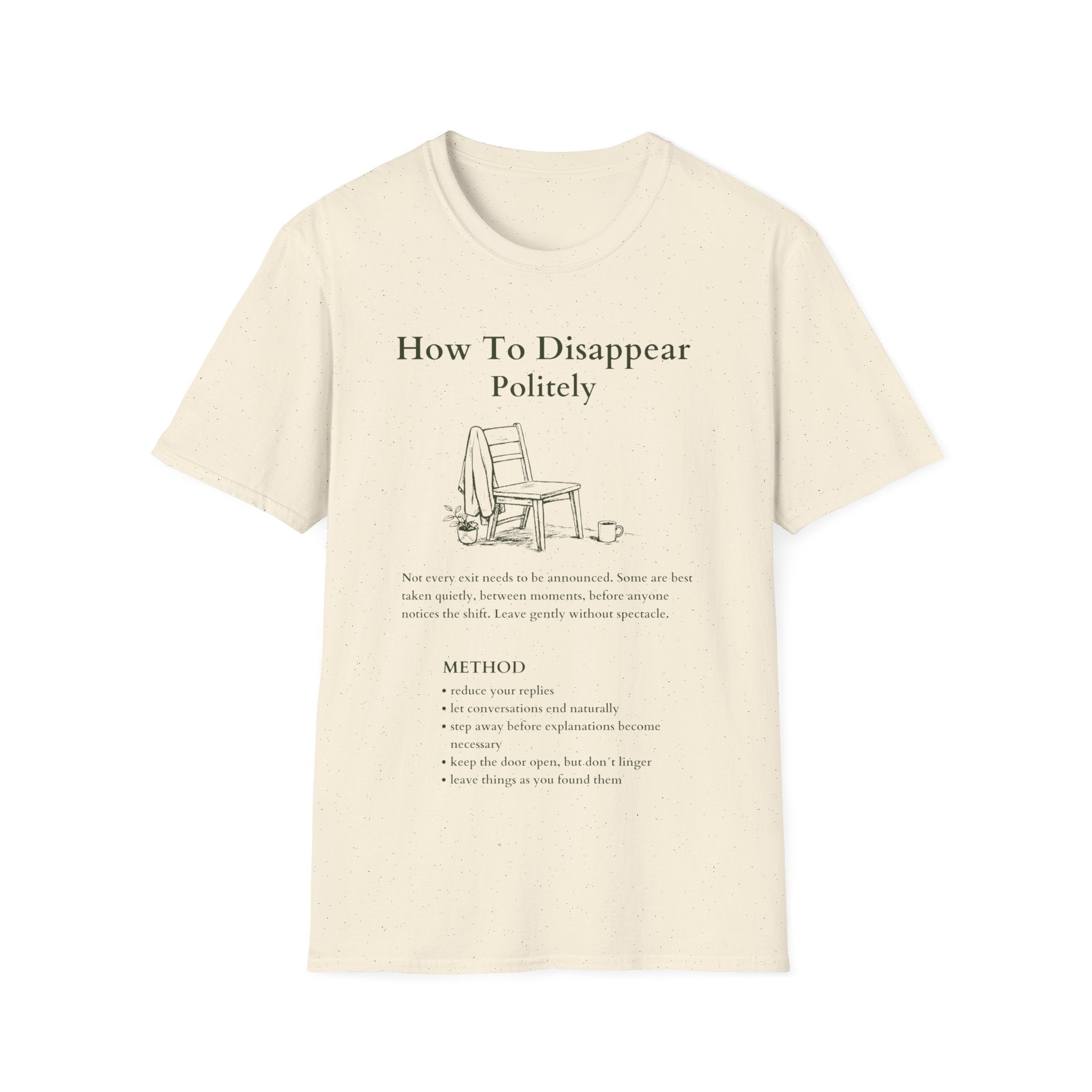 Natural Beige Gildan 64000 T-shirt with How To Disappear Politely introvert graphic, minimalist chair, sweater and mug illustration.