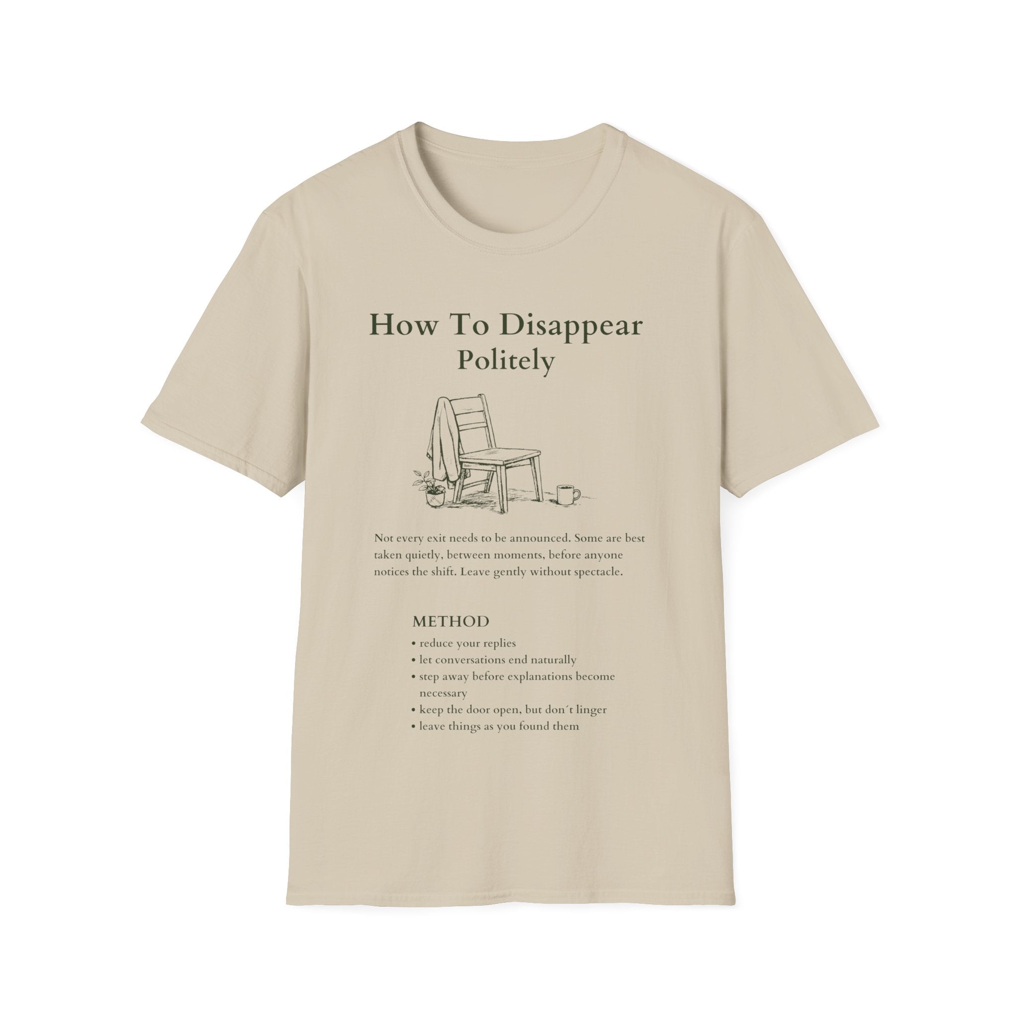 Sand Beige Gildan 64000 T-shirt with How To Disappear Politely introvert graphic, minimalist chair, sweater and mug illustration.