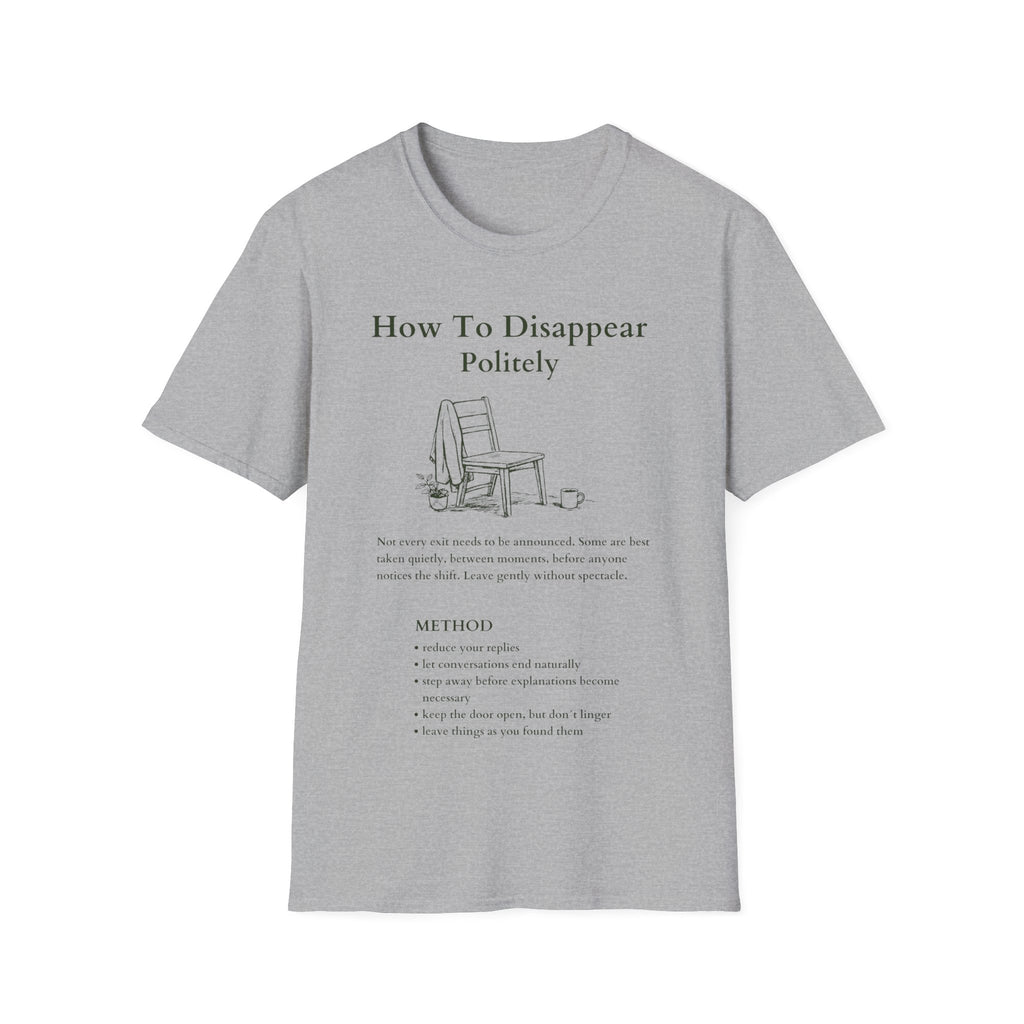 Sports Grey Gildan 64000 T-shirt with How To Disappear Politely introvert graphic, minimalist chair, sweater and mug illustration.