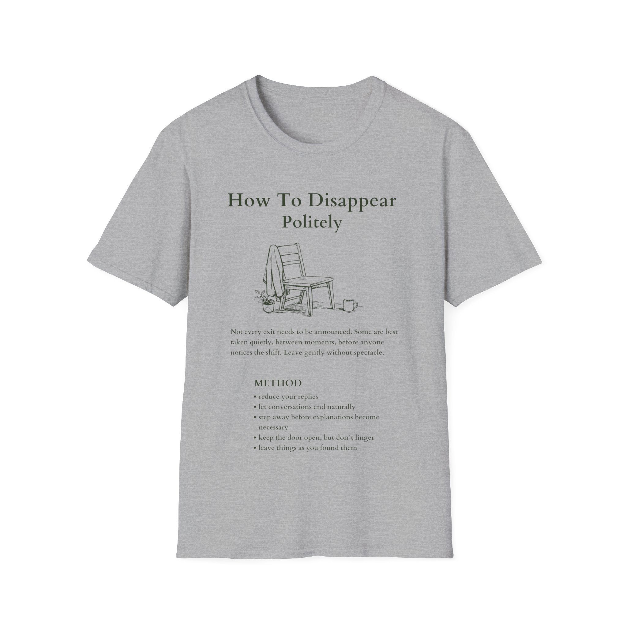 Sports Grey Gildan 64000 T-shirt with How To Disappear Politely introvert graphic, minimalist chair, sweater and mug illustration.