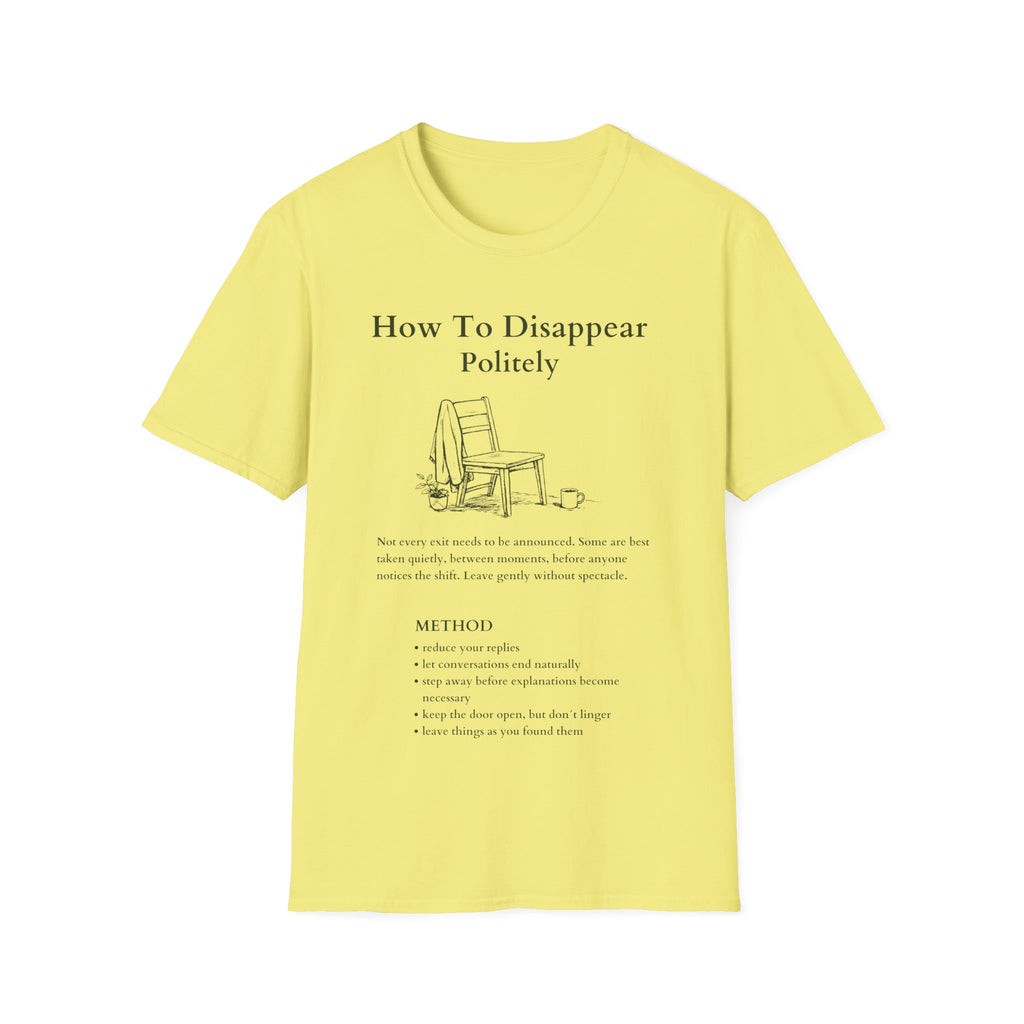 Cornsilk Yellow Gildan 64000 T-shirt with How To Disappear Politely introvert graphic, minimalist chair, sweater and mug illustration.