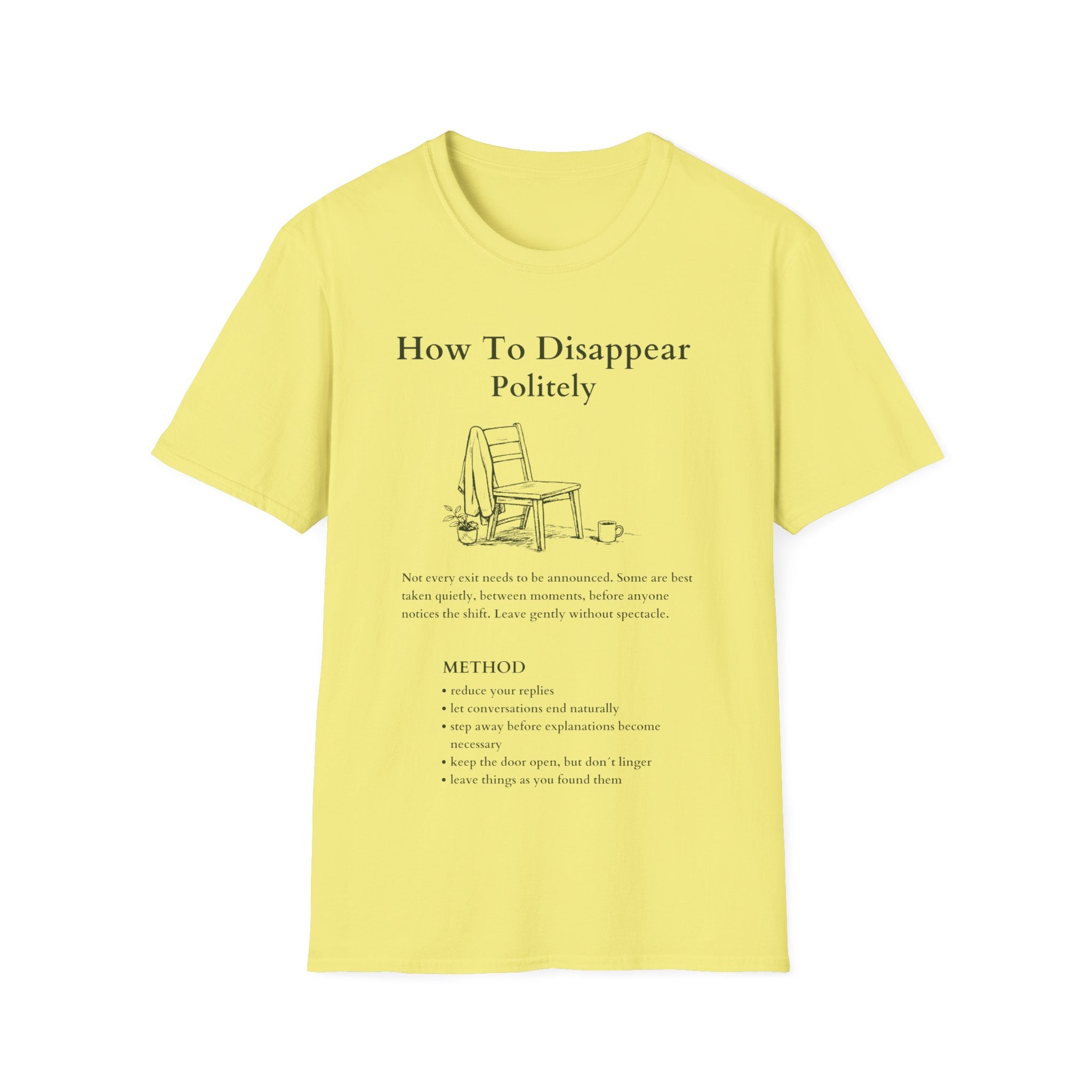 Cornsilk Yellow Gildan 64000 T-shirt with How To Disappear Politely introvert graphic, minimalist chair, sweater and mug illustration.