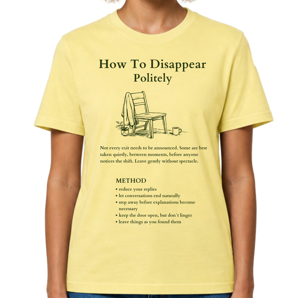 Yellow Model Gildan 64000 T-shirt with How To Disappear Politely introvert graphic, minimalist chair, sweater and mug illustration.