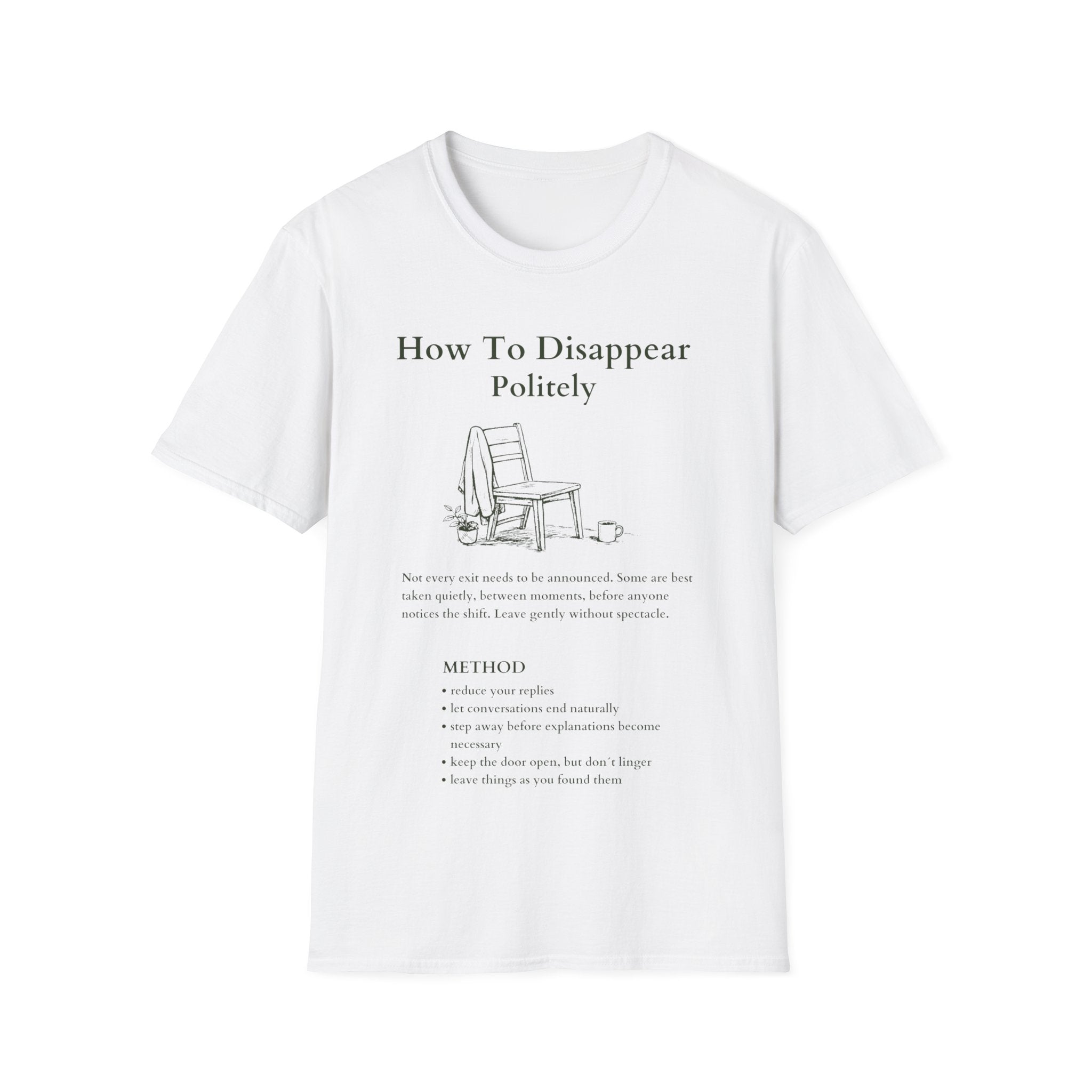 White Gildan 64000 T-shirt with How To Disappear Politely introvert graphic, minimalist chair, sweater and mug illustration.