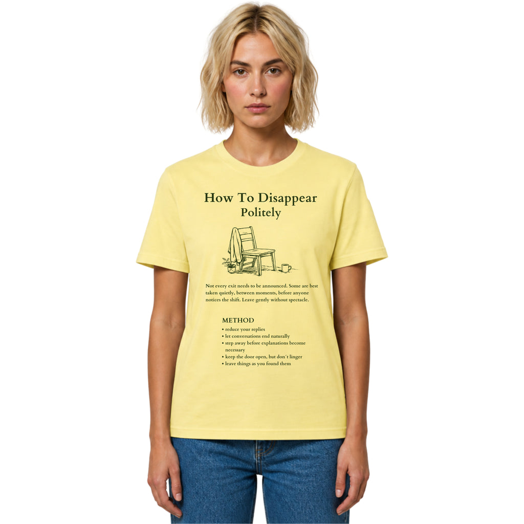 Yellow Gildan 64000 T-shirt with How To Disappear Politely introvert graphic, minimalist chair, sweater and mug illustration.