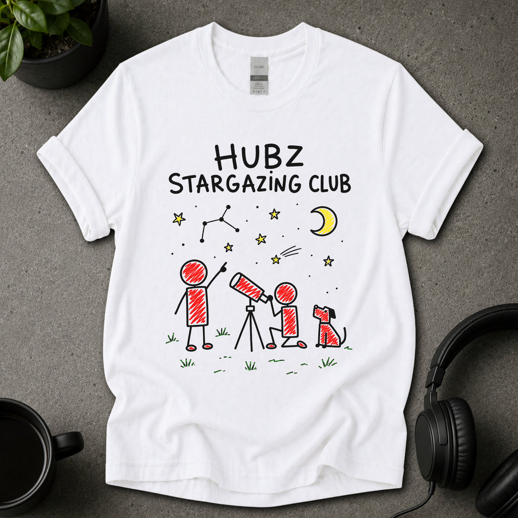 White graphic T-shirt with Hubz Stargazing Club text, moon, stars, telescope, dog and hand-drawn night sky artwork