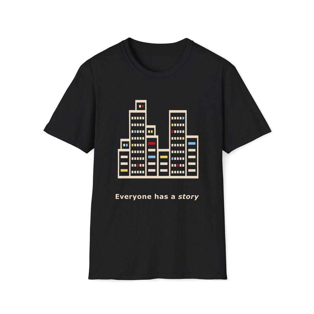 Black Unisex graphic T-shirt with thoughtful artwork about empathy, passing strangers and the private stories people carry.