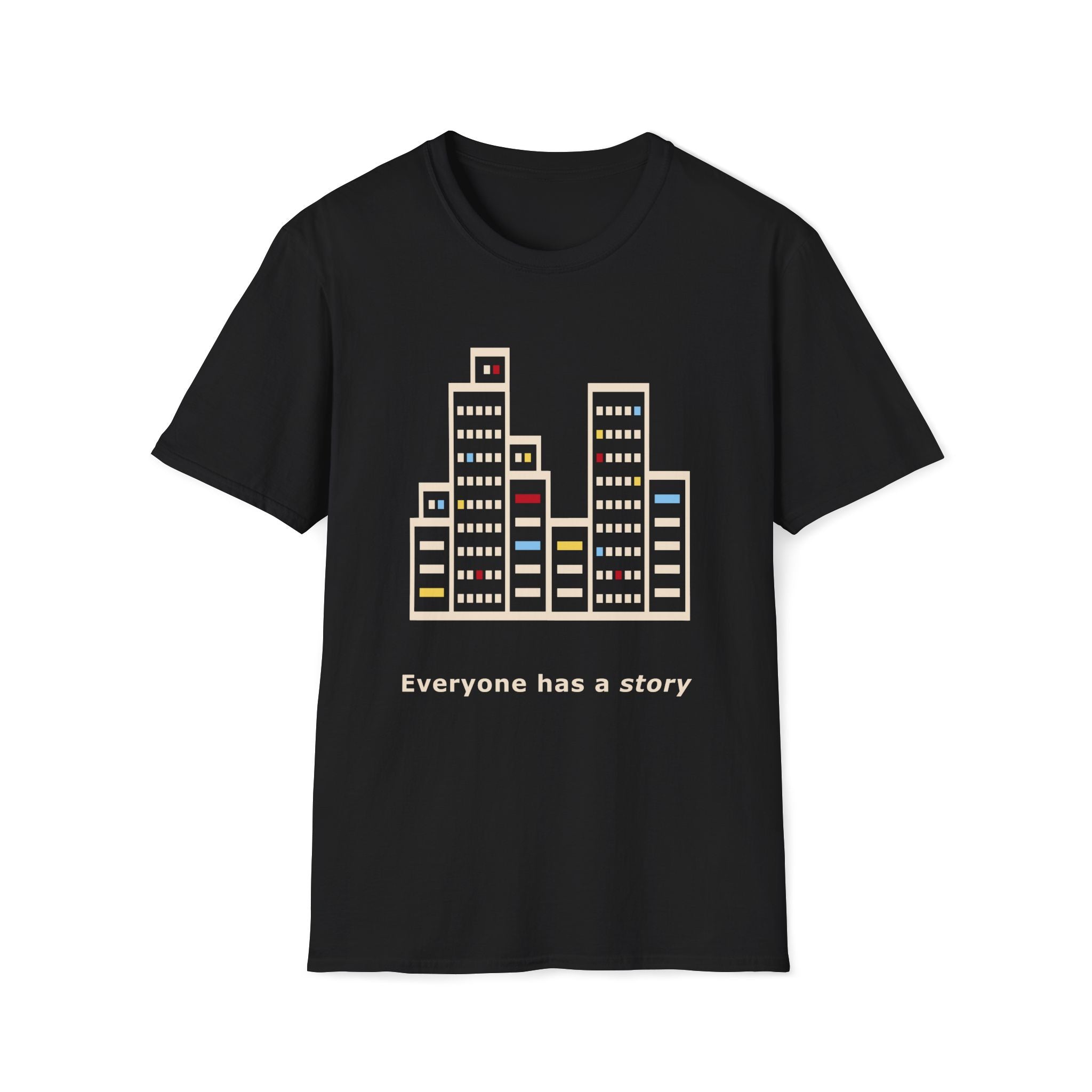 Black Unisex graphic T-shirt with thoughtful artwork about empathy, passing strangers and the private stories people carry.