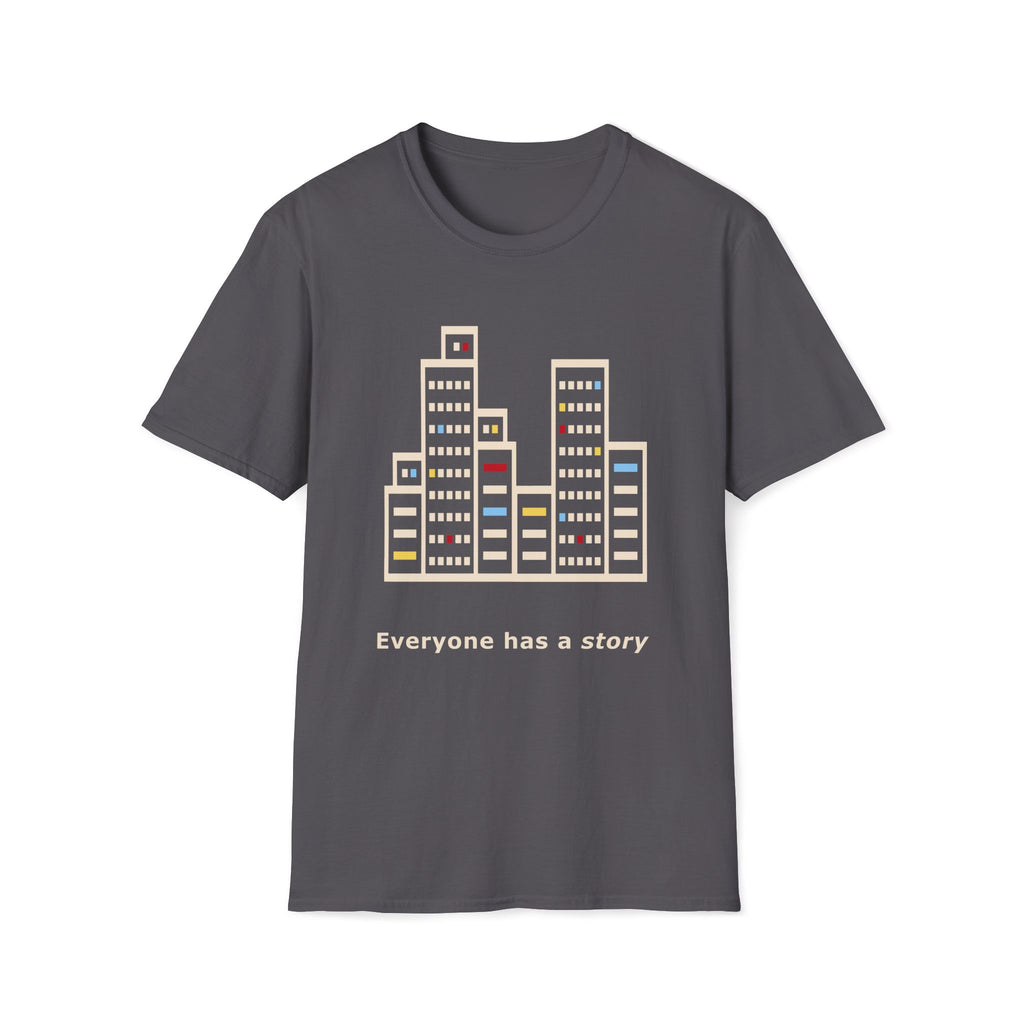 Gray t-shirt with cityscape design and 'Everyone has a story' text on a white background