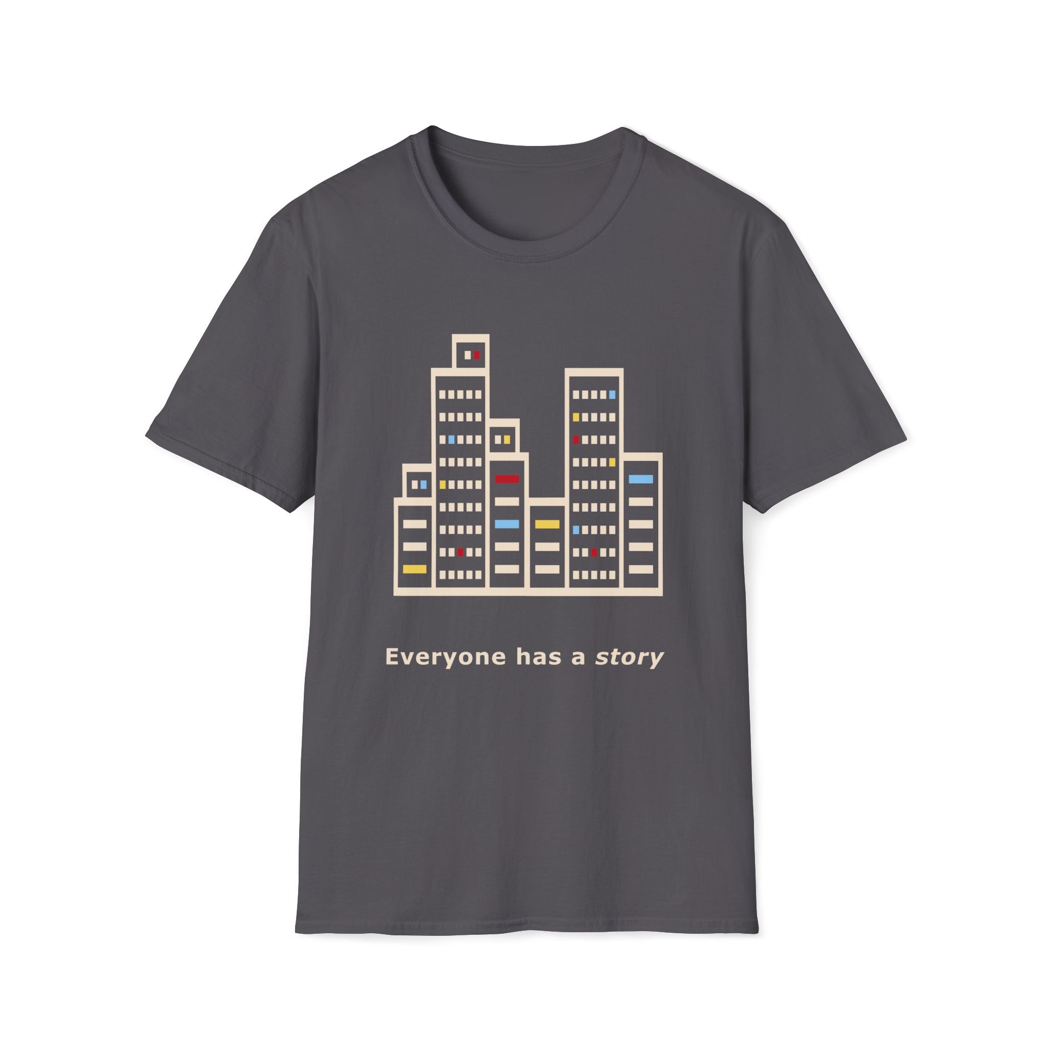 Gray t-shirt with cityscape design and 'Everyone has a story' text on a white background