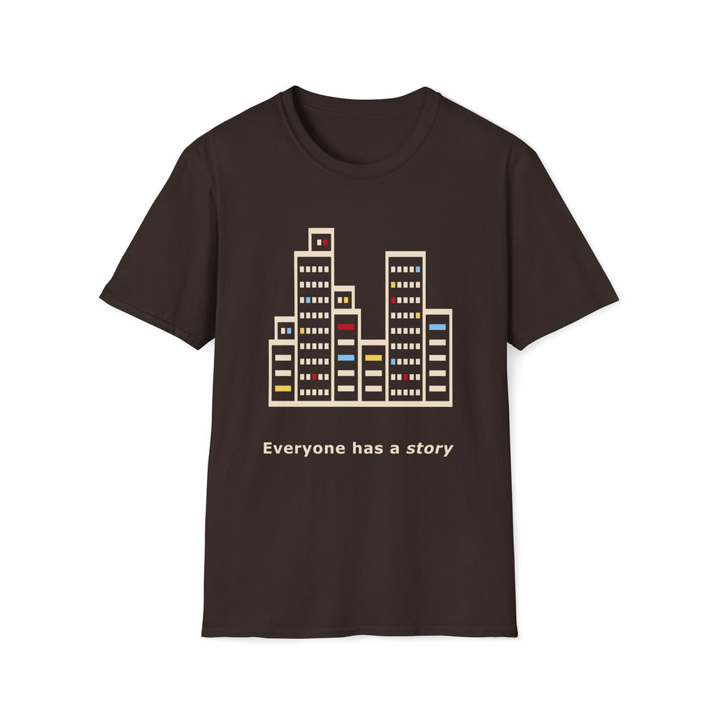 Brown t-shirt with cityscape design and 'Everyone has a story' text on a white background
