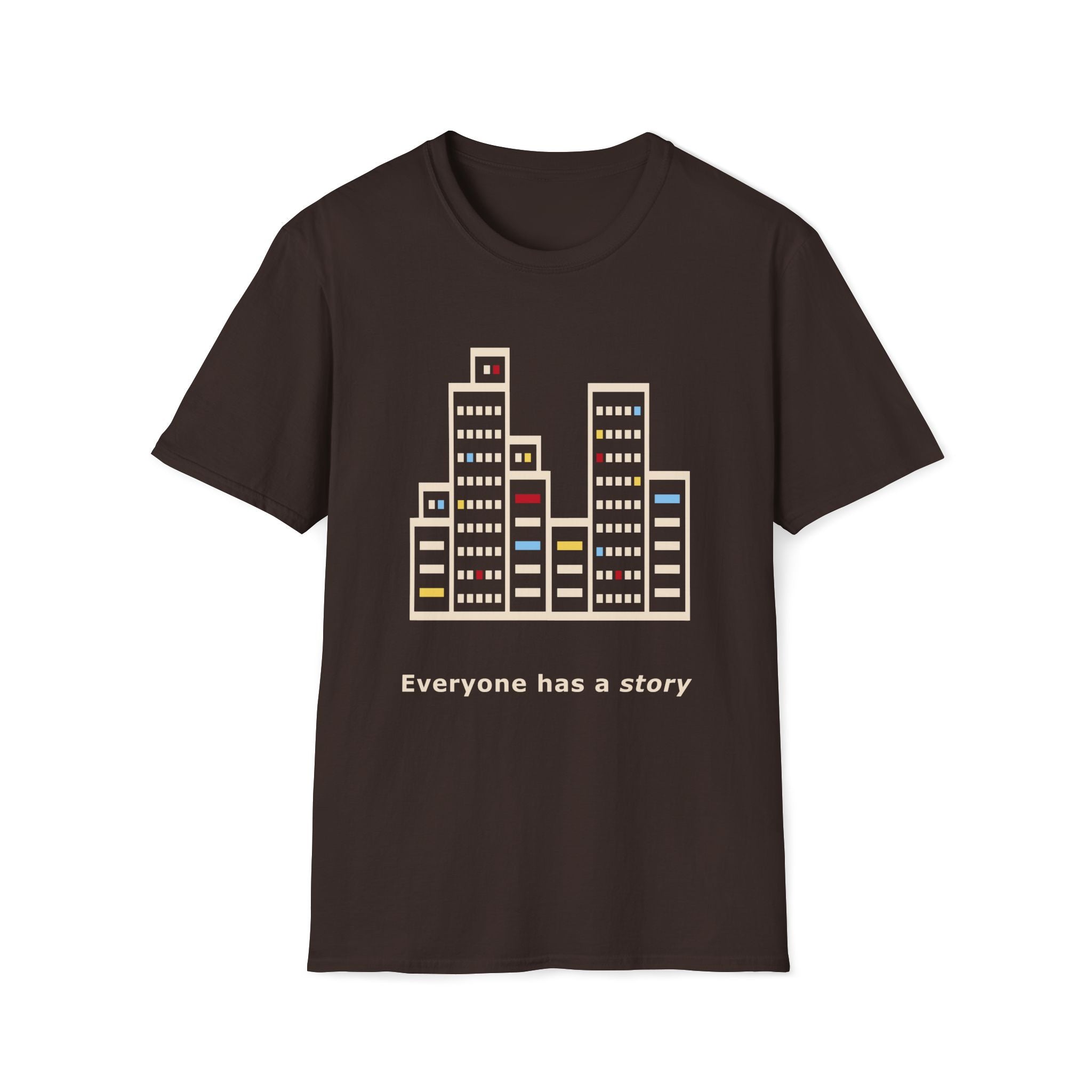 Brown t-shirt with cityscape design and 'Everyone has a story' text on a white background