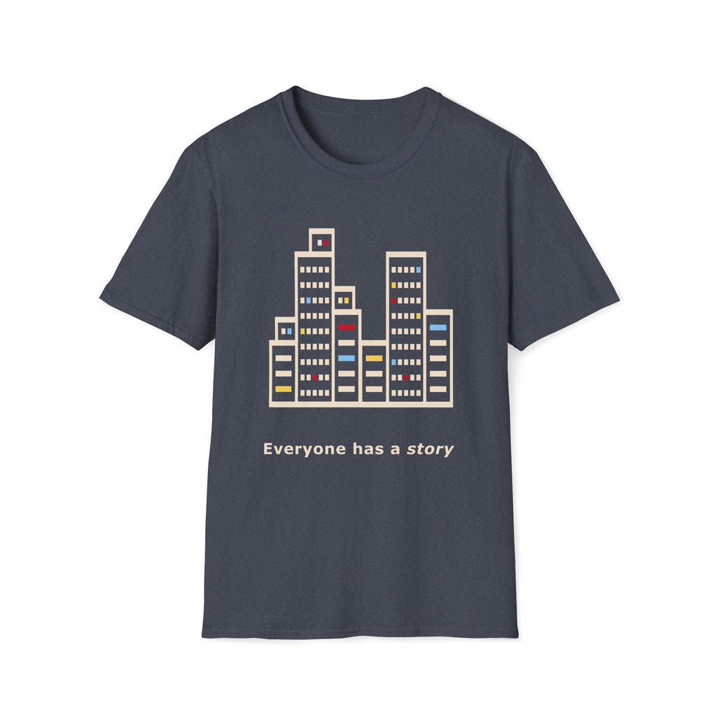 Gray t-shirt with cityscape design and 'Everyone has a story' text on a white background