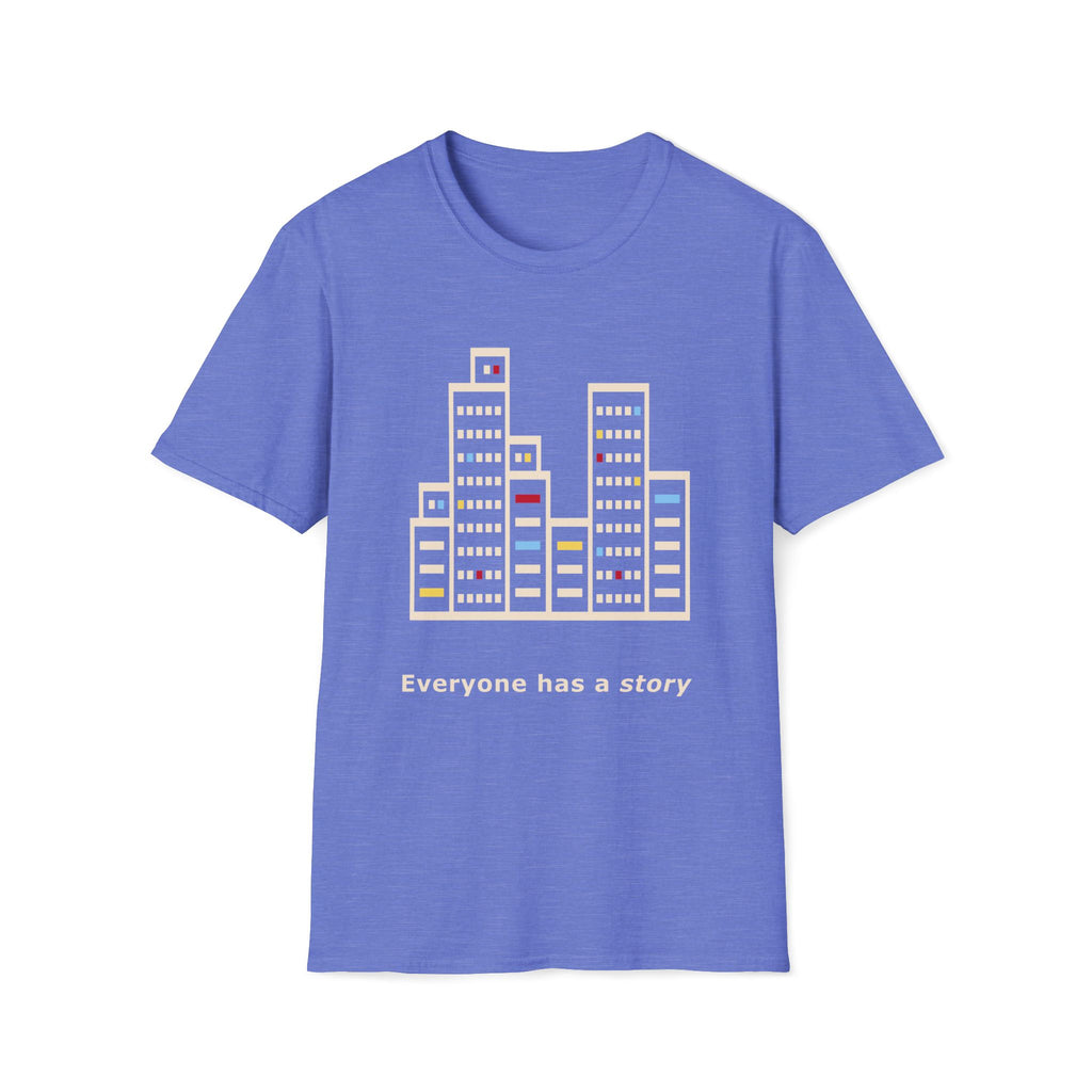 Blue t-shirt with cityscape graphic and 'Everyone has a story' text on a white background
