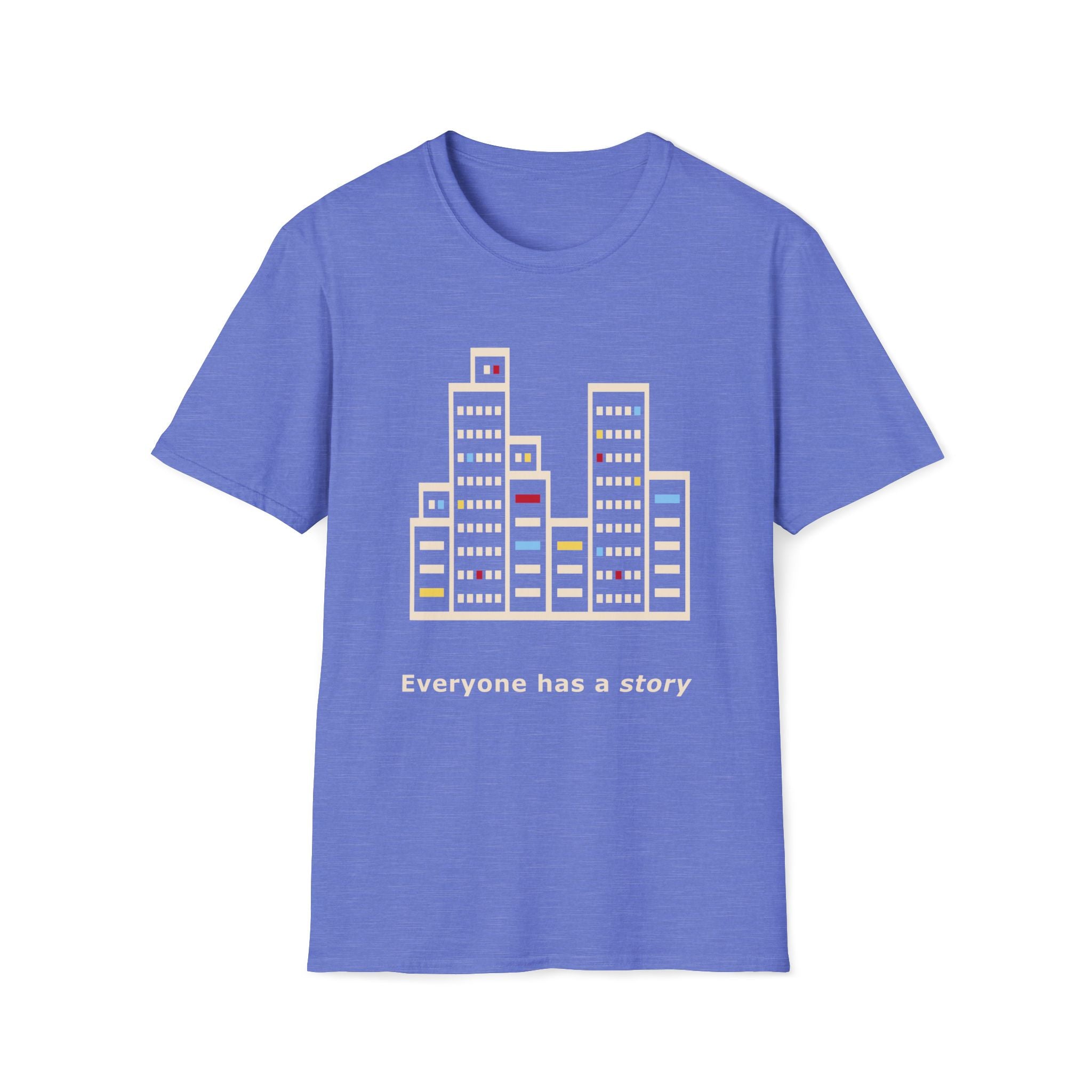 Blue t-shirt with cityscape graphic and 'Everyone has a story' text on a white background