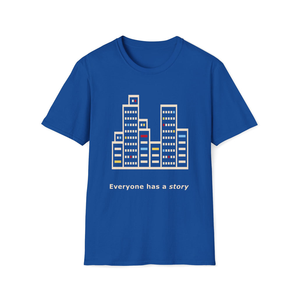 Blue t-shirt with cityscape graphic and 'Everyone has a story' text on a white background