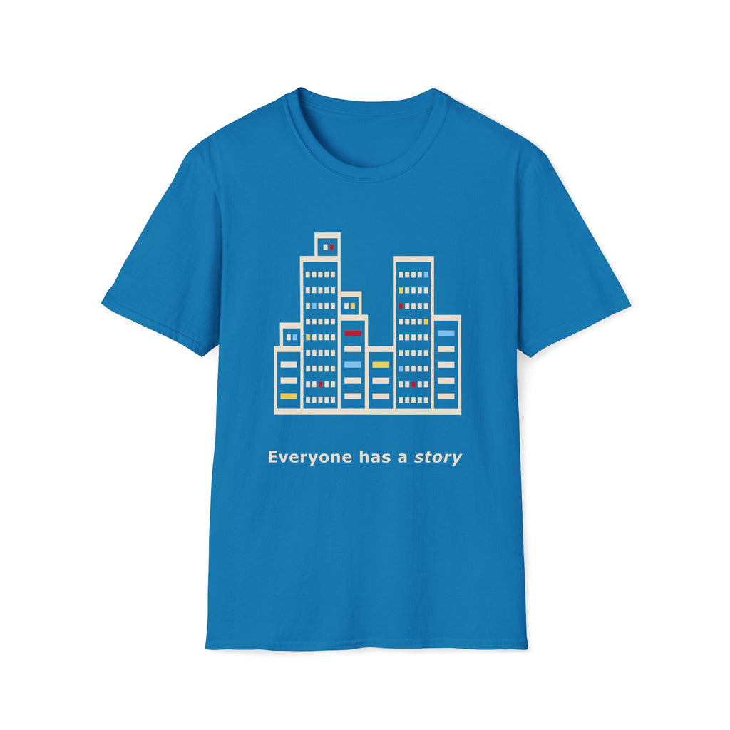 Blue t-shirt with cityscape graphic and 'Everyone has a story' text on a white background