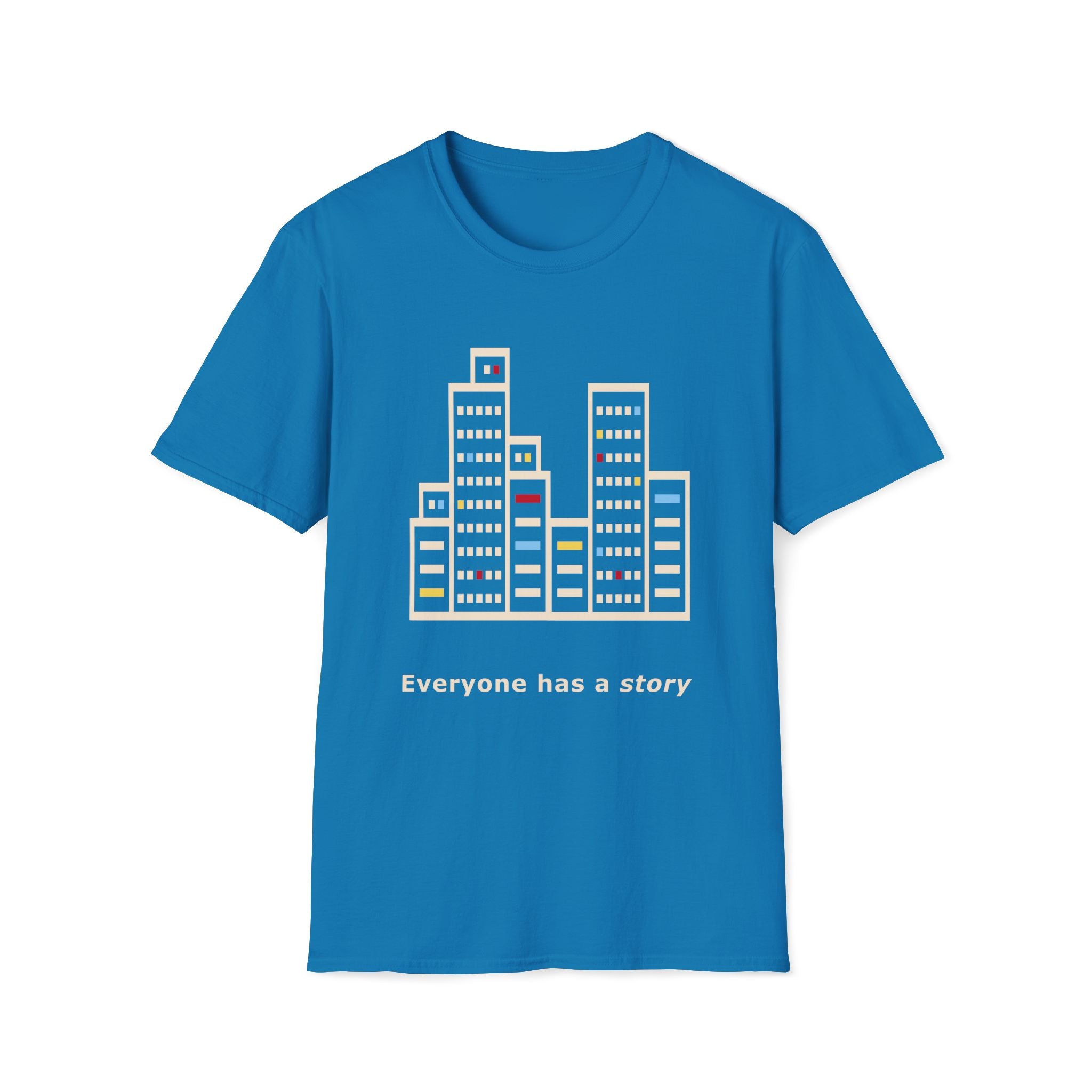 Blue t-shirt with cityscape graphic and 'Everyone has a story' text on a white background