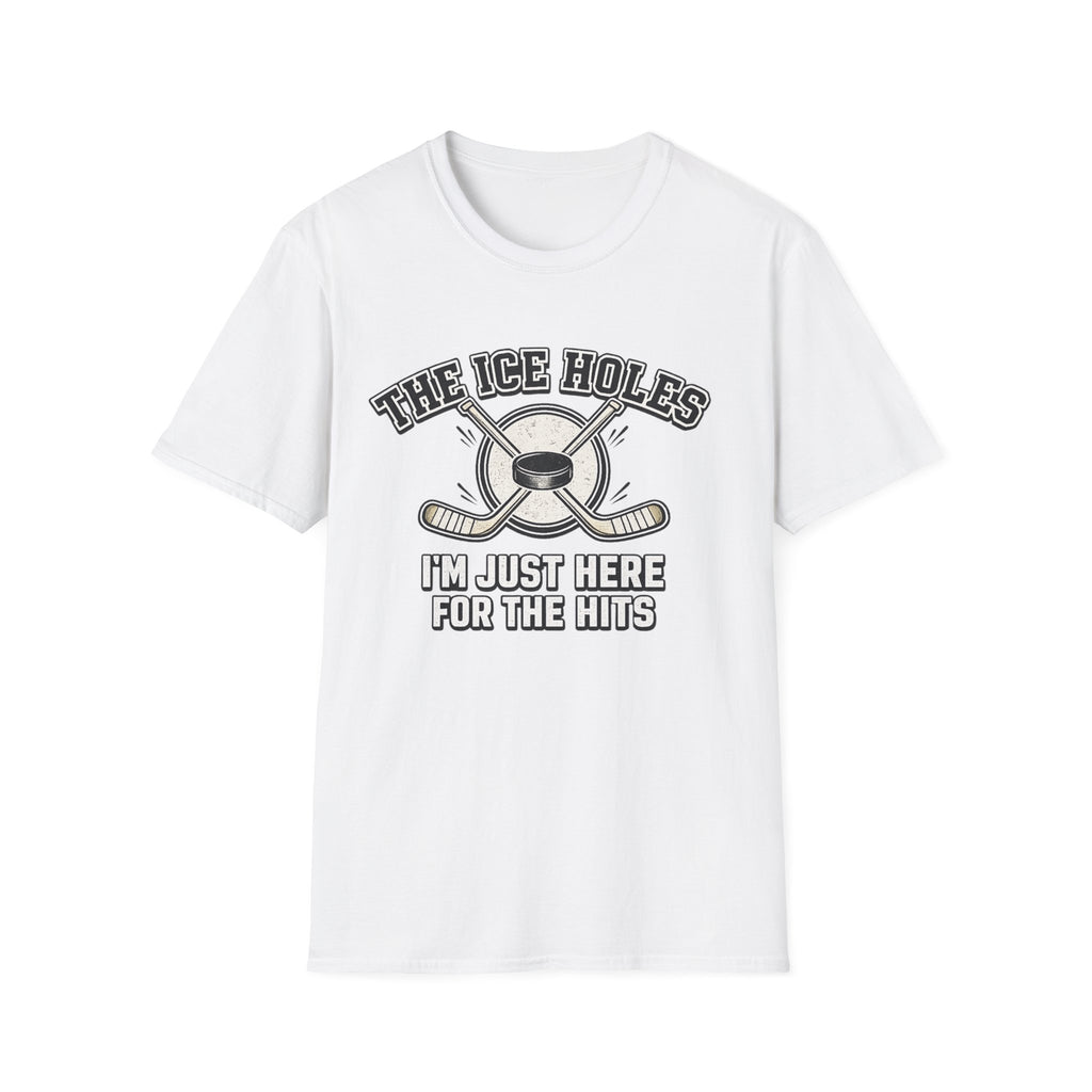 Sarcastic hockey graphic T-shirt featuring crossed sticks, puck artwork, and “I’m just here for the hits” text. A sport grey unisex tee for hockey fans and rink humour. White tee.