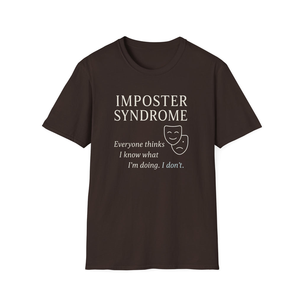 Imposter Syndrome psychology T-shirt with theatre-mask artwork on brown. A relatable graphic tee for overthinkers, students, creatives, perfectionists, and self-aware everyday wear.