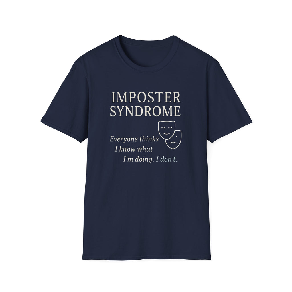 Imposter Syndrome psychology T-shirt with theatre-mask artwork on navy. A relatable graphic tee for overthinkers, students, creatives, perfectionists, and self-aware everyday wear.