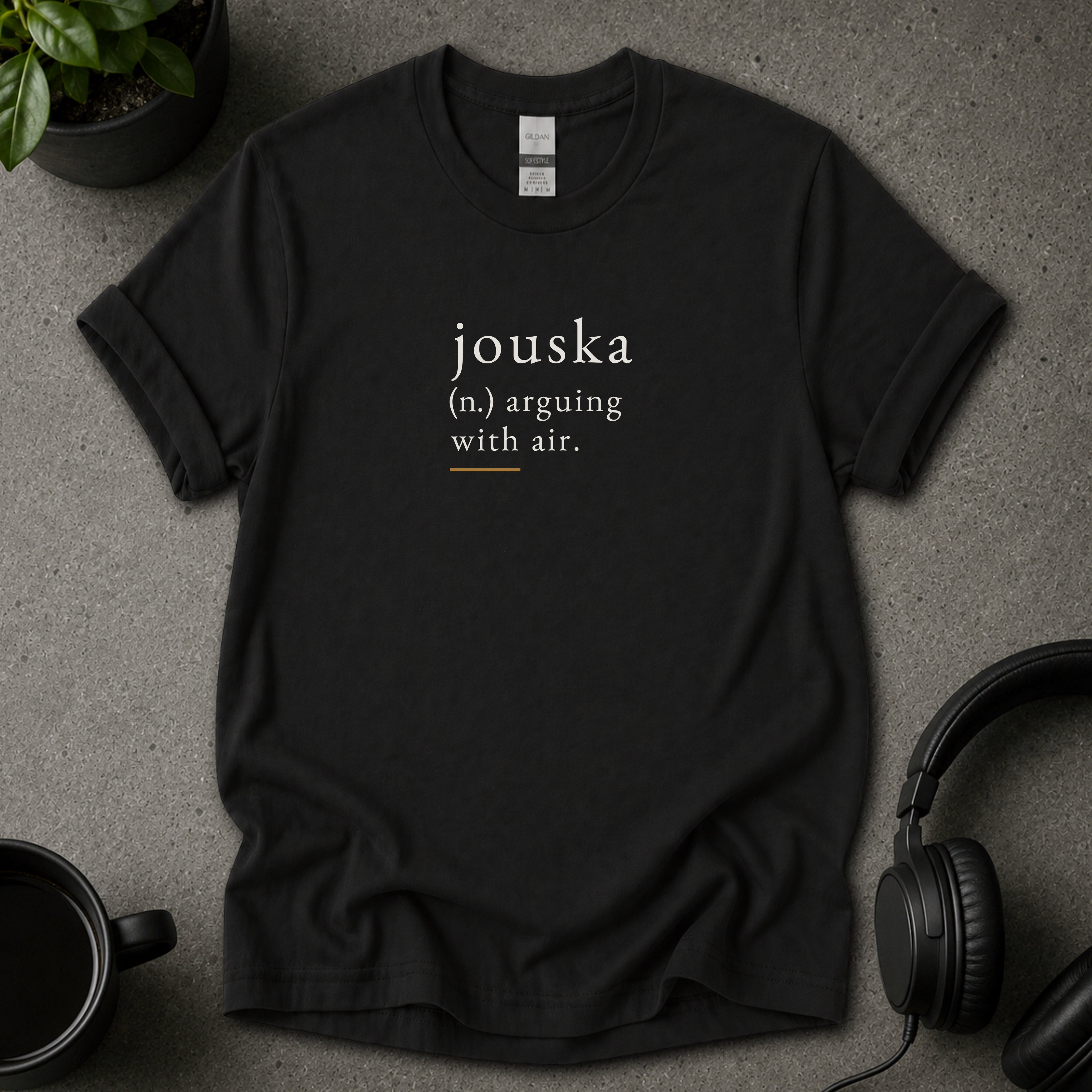 Black Jouska psychology black T-shirt with dictionary-style text reading arguing with air