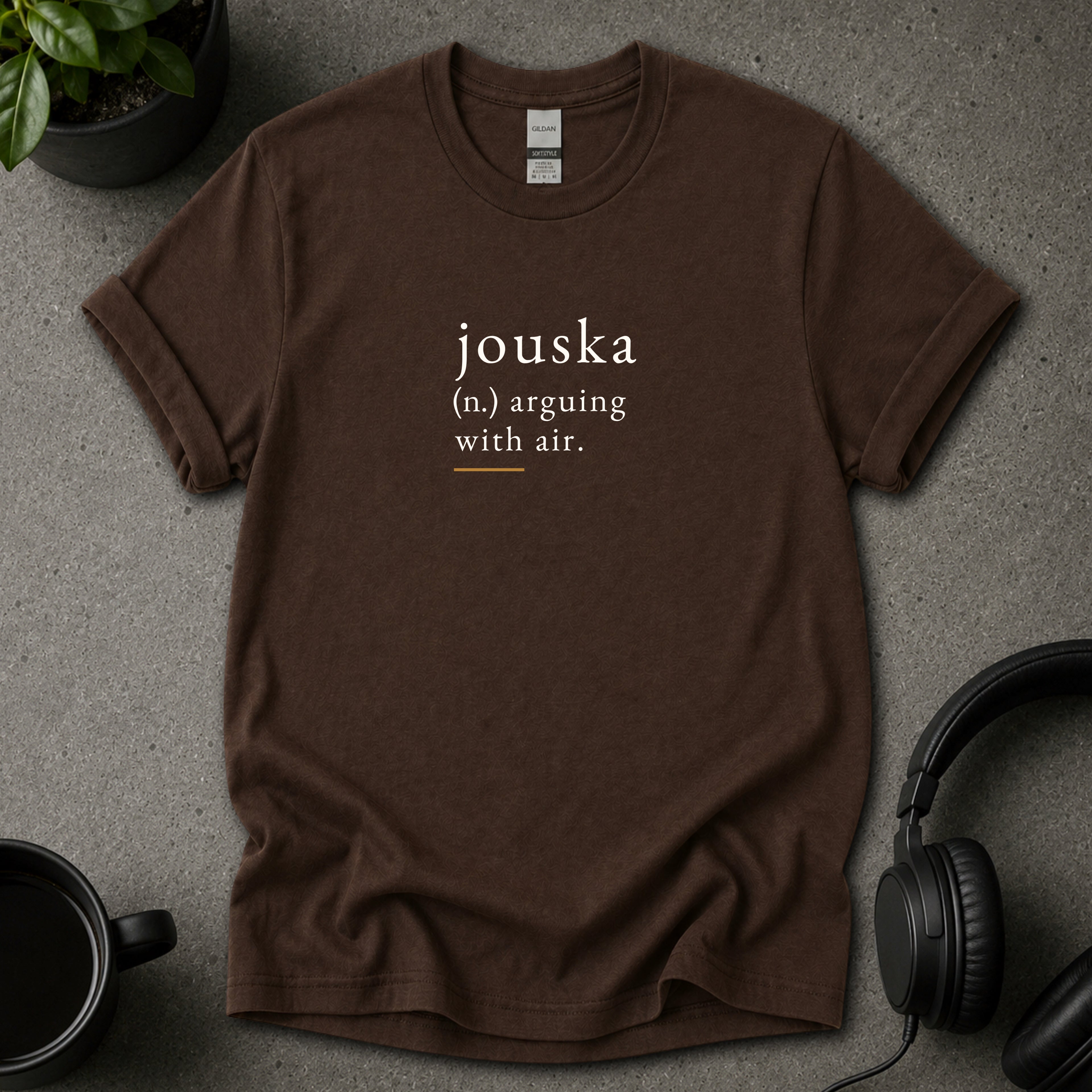 Black Jouska psychology chocolate brown T-shirt with dictionary-style text reading arguing with air